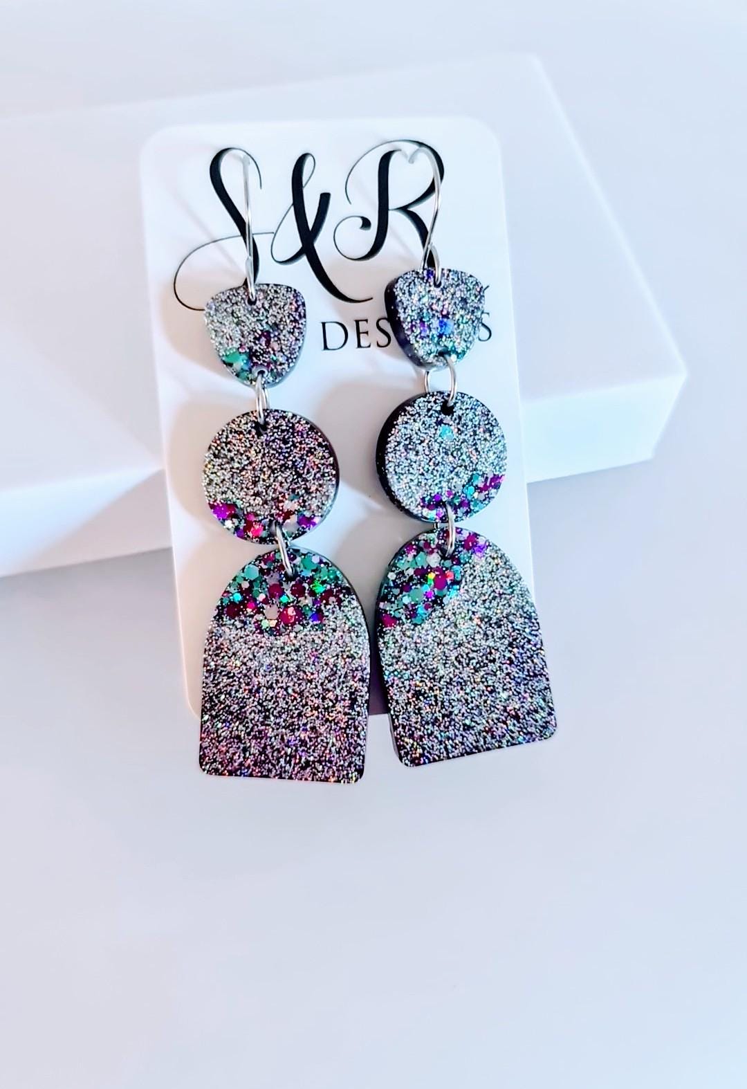 Purple Silver Teal Arch Dangle Earrings, Statement Earrings, Purple Glitter Dangle Stud Earrings, Stainless Steel Hypoallergenic. Gift