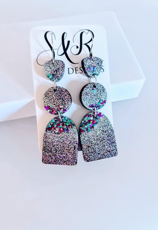 Purple Silver Teal Arch Dangle Earrings, Statement Earrings, Purple Glitter Dangle Stud Earrings, Stainless Steel Hypoallergenic. Gift