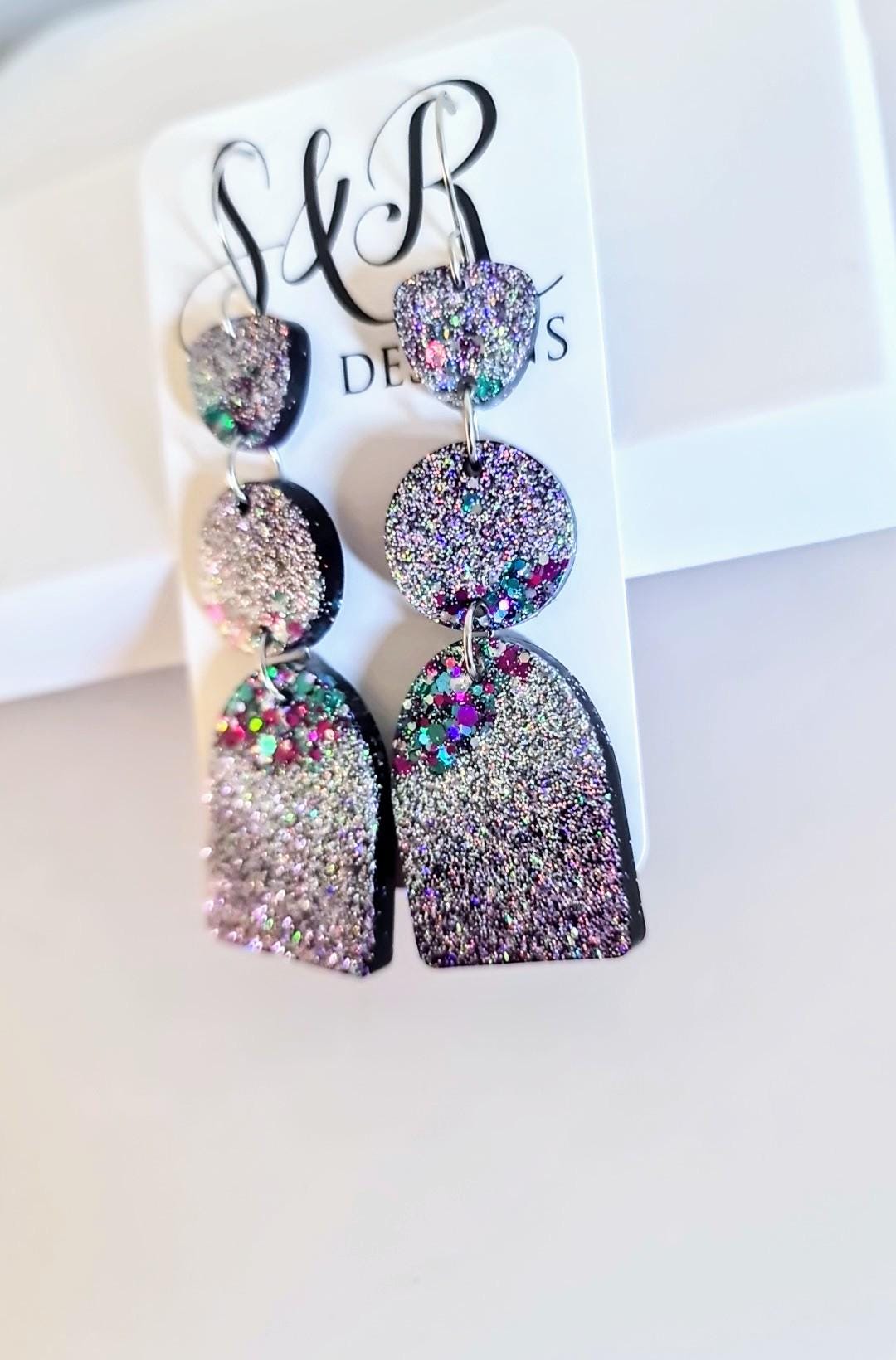 Purple Silver Teal Arch Dangle Earrings, Statement Earrings, Purple Glitter Dangle Stud Earrings, Stainless Steel Hypoallergenic. Gift