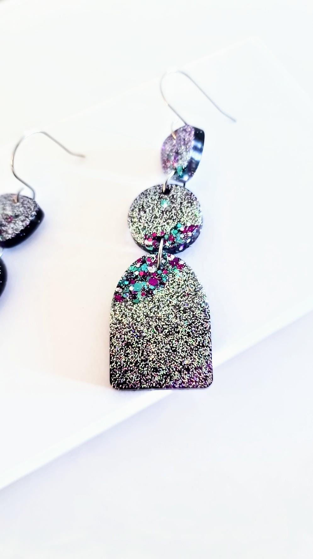 Purple Silver Teal Arch Dangle Earrings, Statement Earrings, Purple Glitter Dangle Stud Earrings, Stainless Steel Hypoallergenic. Gift