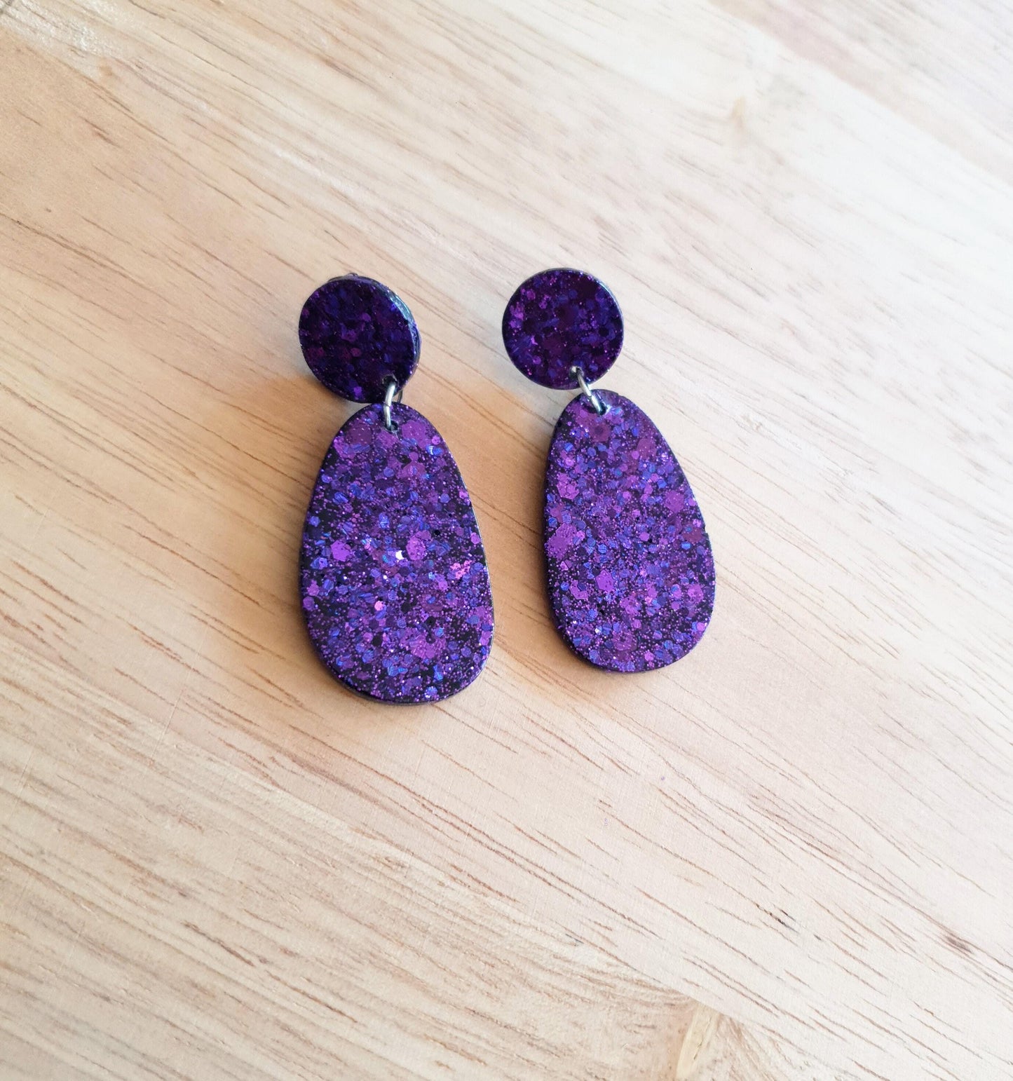 Statement oval organic shape drop earrings, purple mix glitter resin handmade earrings, stainless steel. personalised gift custom colours
