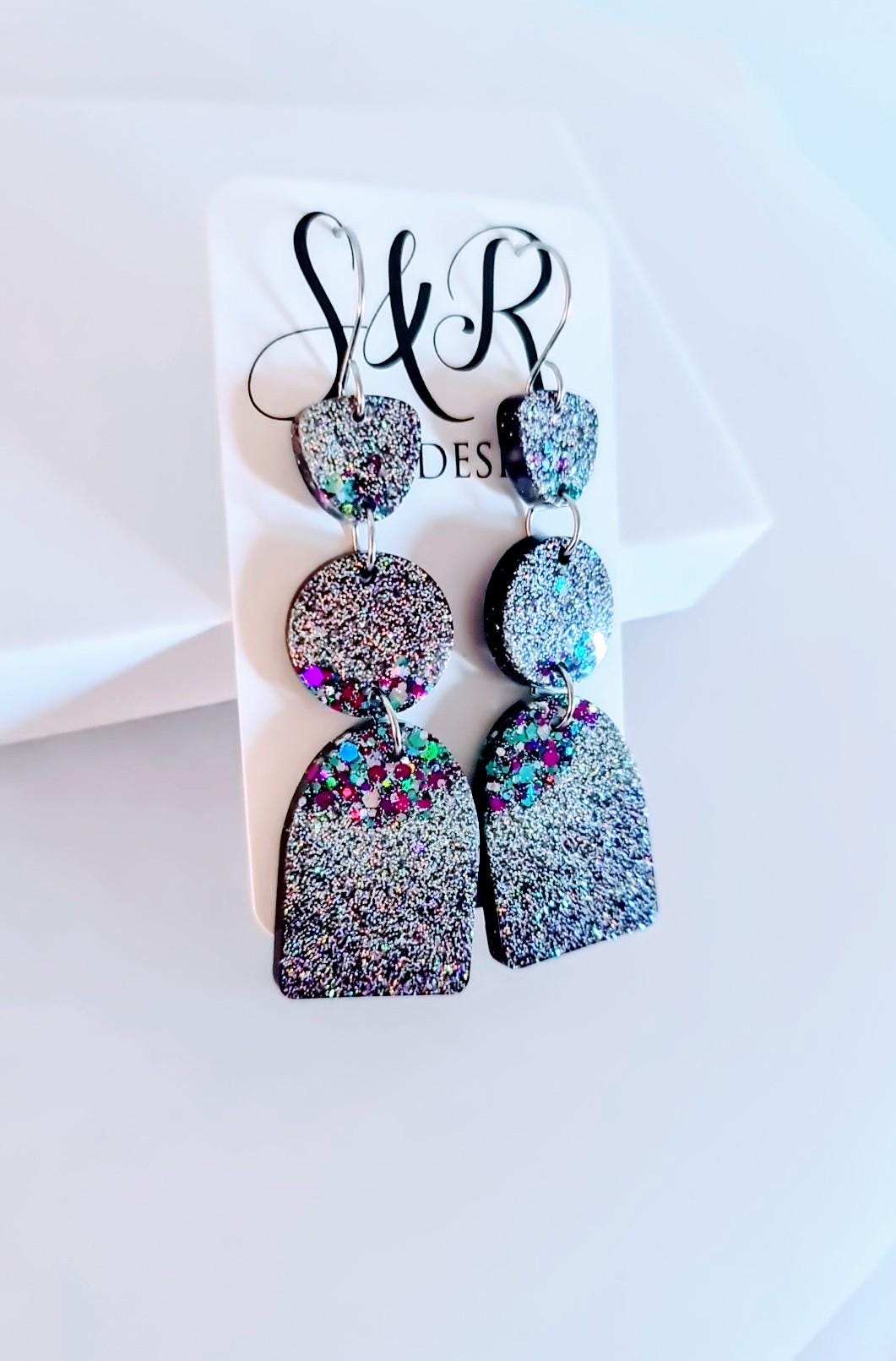 Purple Silver Teal Arch Dangle Earrings, Statement Earrings, Purple Glitter Dangle Stud Earrings, Stainless Steel Hypoallergenic. Gift