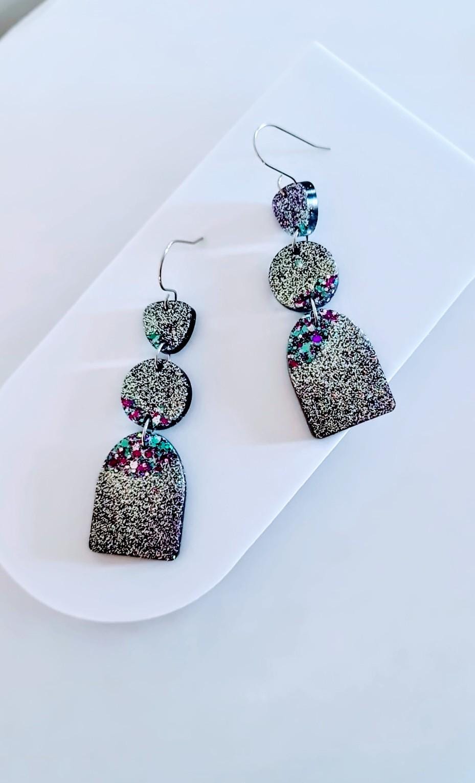 Purple Silver Teal Arch Dangle Earrings, Statement Earrings, Purple Glitter Dangle Stud Earrings, Stainless Steel Hypoallergenic. Gift