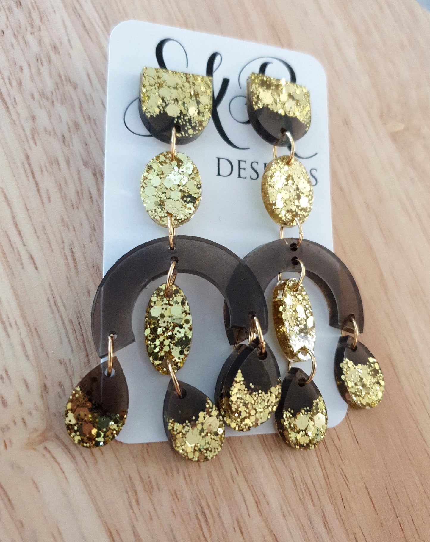 Large Oversized Gold Glitter Smoky Grey Chandelier Dangle Earrings, Glitter Dangles, Statement Long Earrings