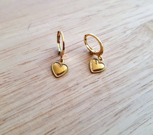 Gold Heart Earrings, Minimalist Dangle Drops, Stainless Steel Hoop or Leverback