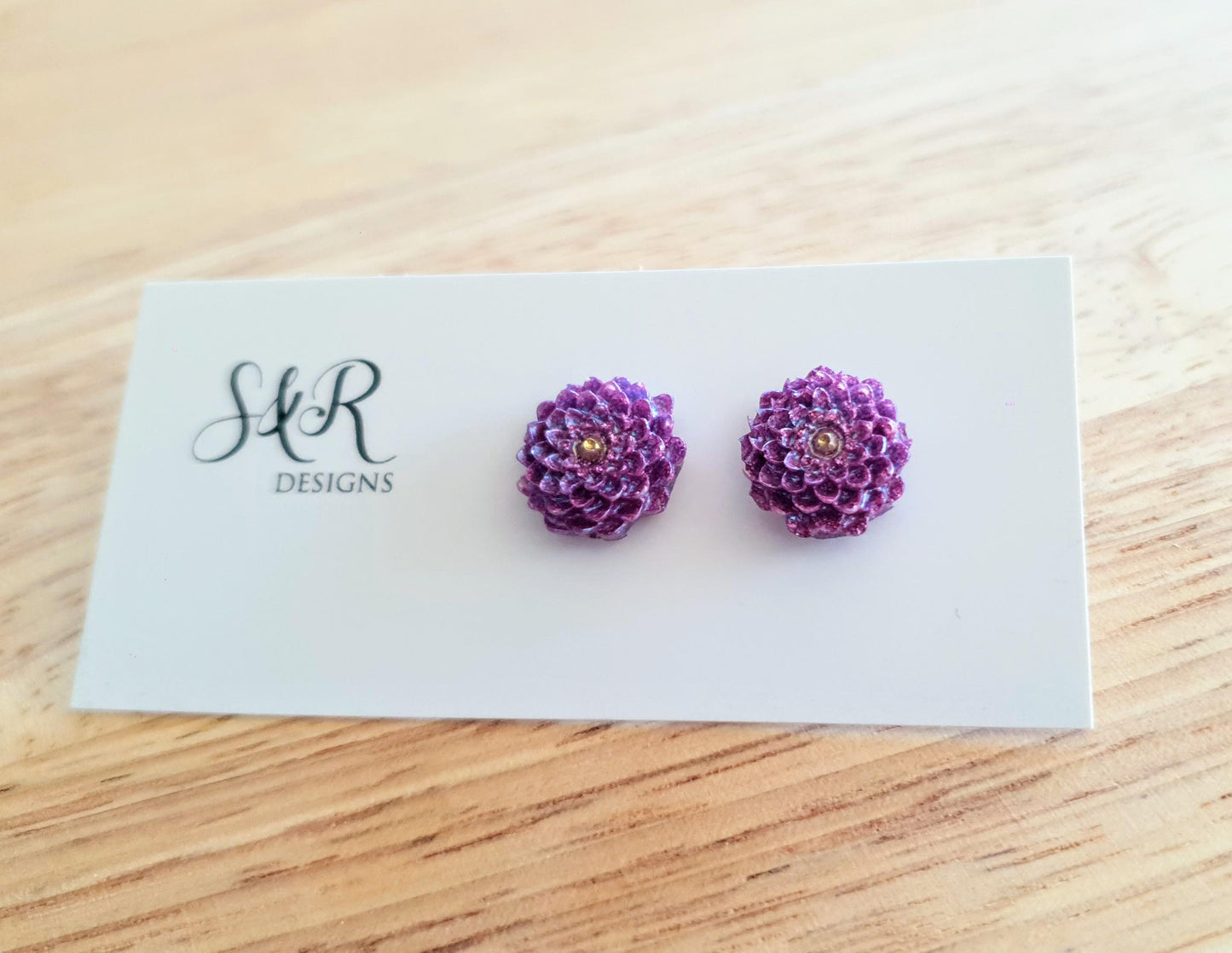 Flower Stud Earrings, Purple Chrysanthemum Flower Studs, Glitter Resin Studs, Stainless Steel Earrings