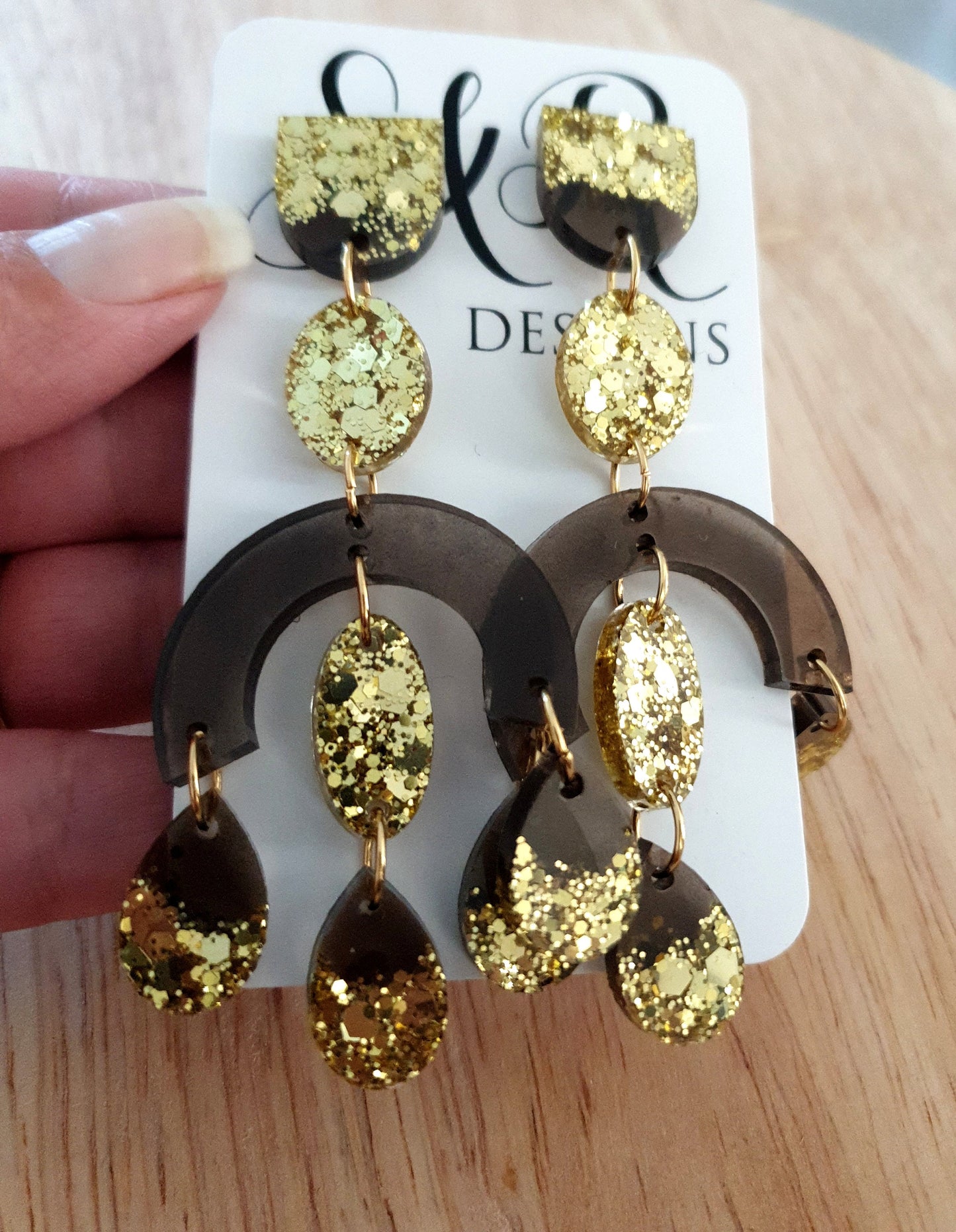 Large Oversized Gold Glitter Smoky Grey Chandelier Dangle Earrings, Glitter Dangles, Statement Long Earrings