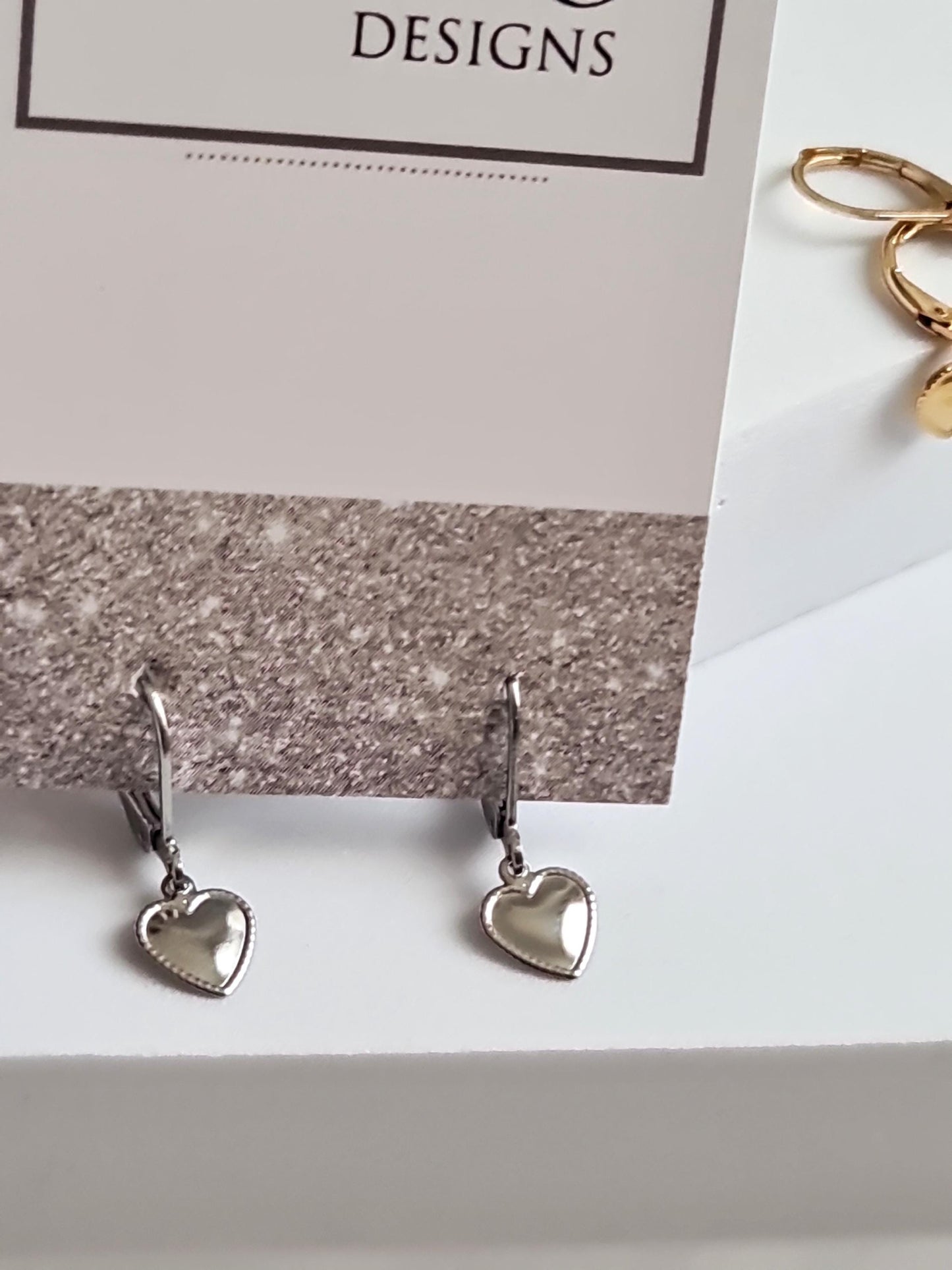 Gold Heart Earrings, Minimalist Dangle Drops, Stainless Steel Hoop or Leverback