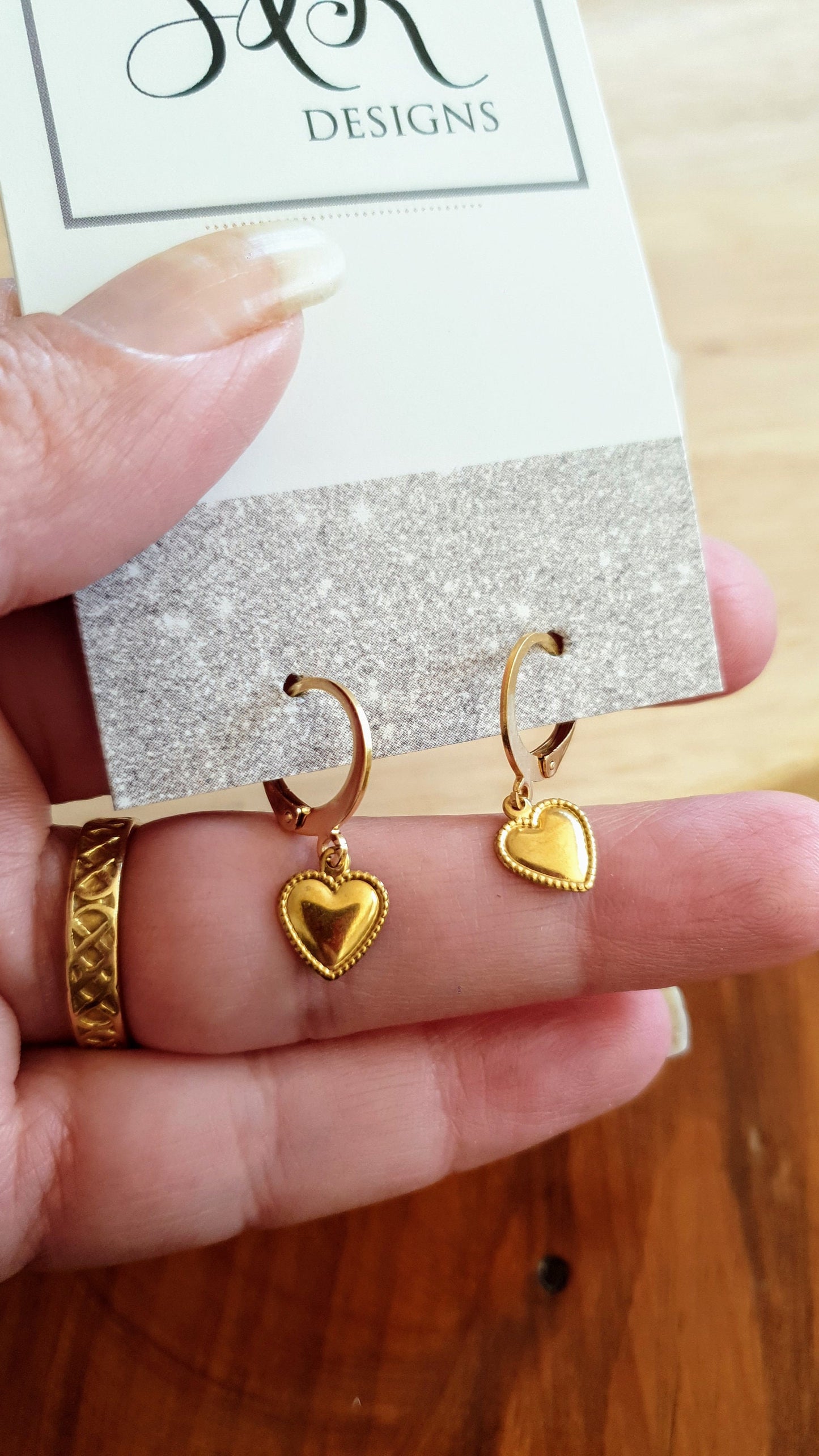 Gold Heart Earrings, Minimalist Dangle Drops, Stainless Steel Hoop or Leverback