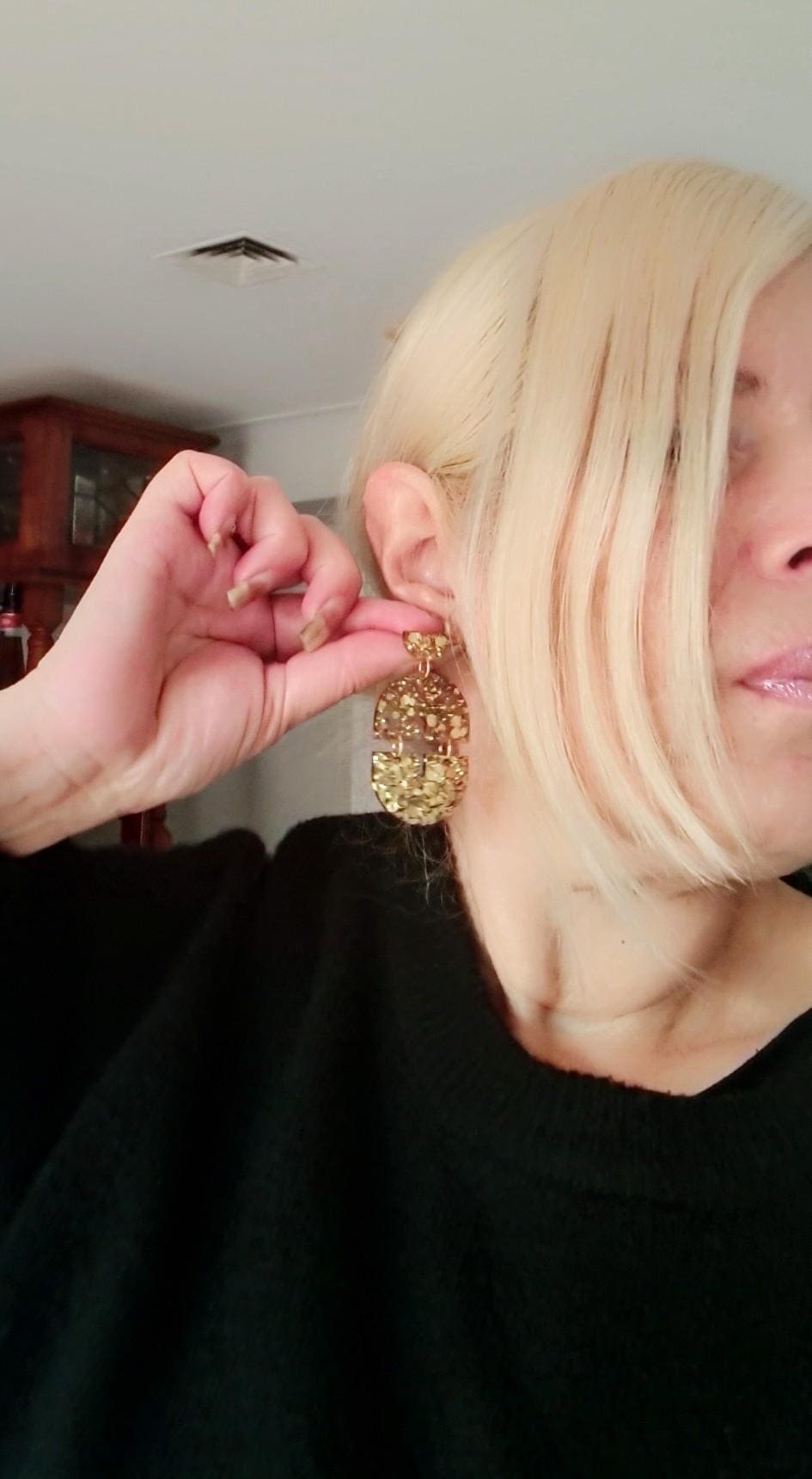 Gold Arch Dangle Earrings, Gold Glitter and Light Smoky Grey Resin Dangles, Statement Earrings