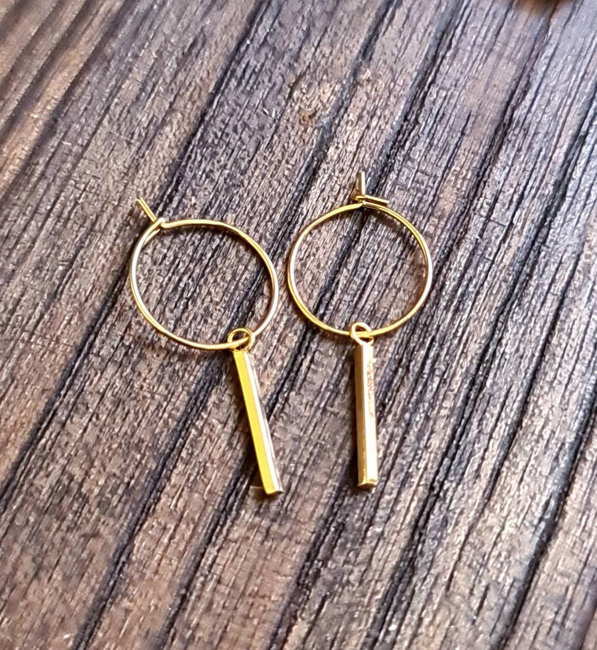 Gold Bar Hoop Earrings, Stainless Steel Dangle Bar Earrings, Choose Hoop, Leverback, Earwire Hook or Threaders