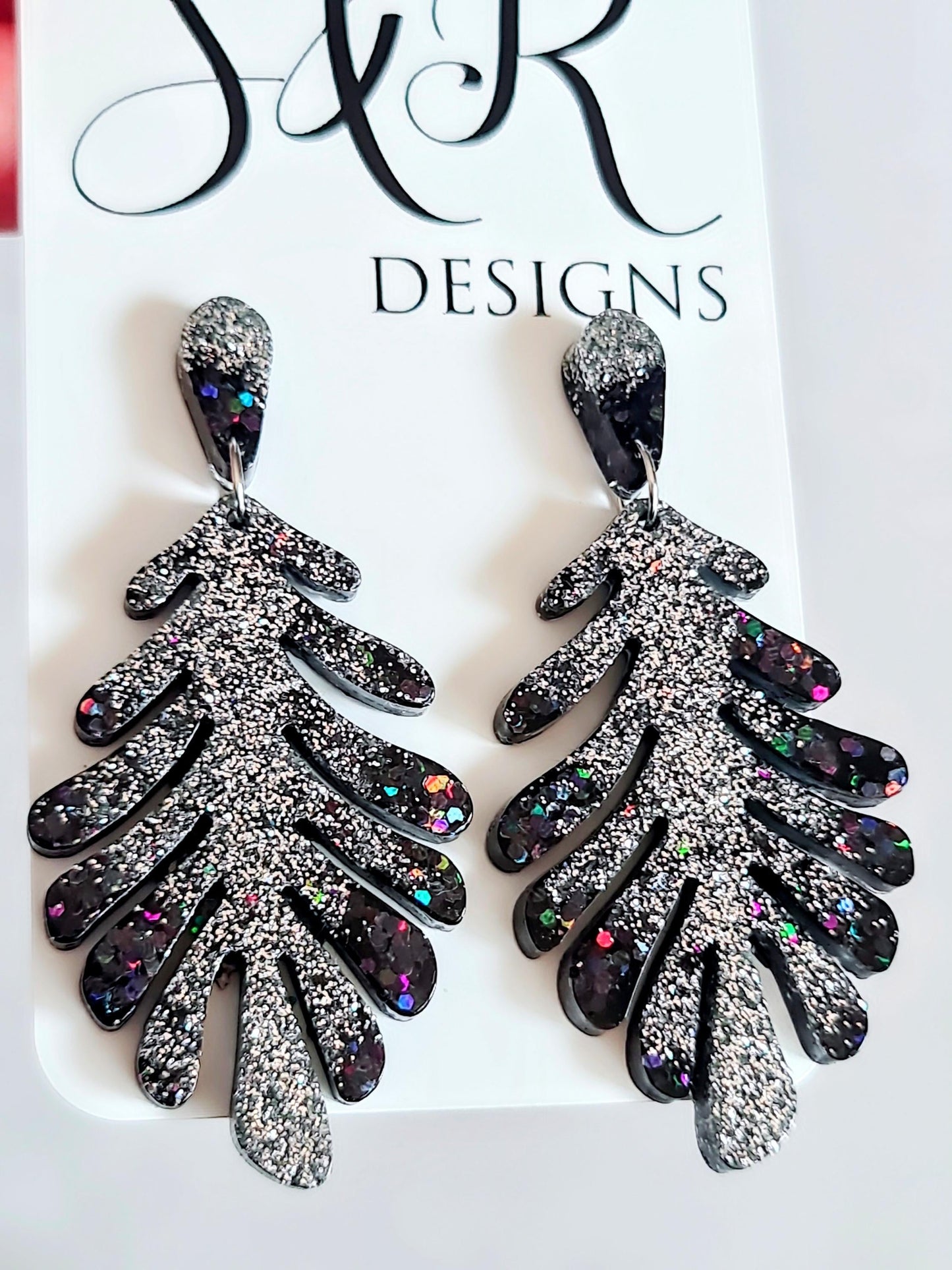 Black Leaves Dangle Drop Earrings, Black & Silver Glitter Resin Leaf Earrings, Bold Statement Jewellery, Gift for her, Hypoallergenic