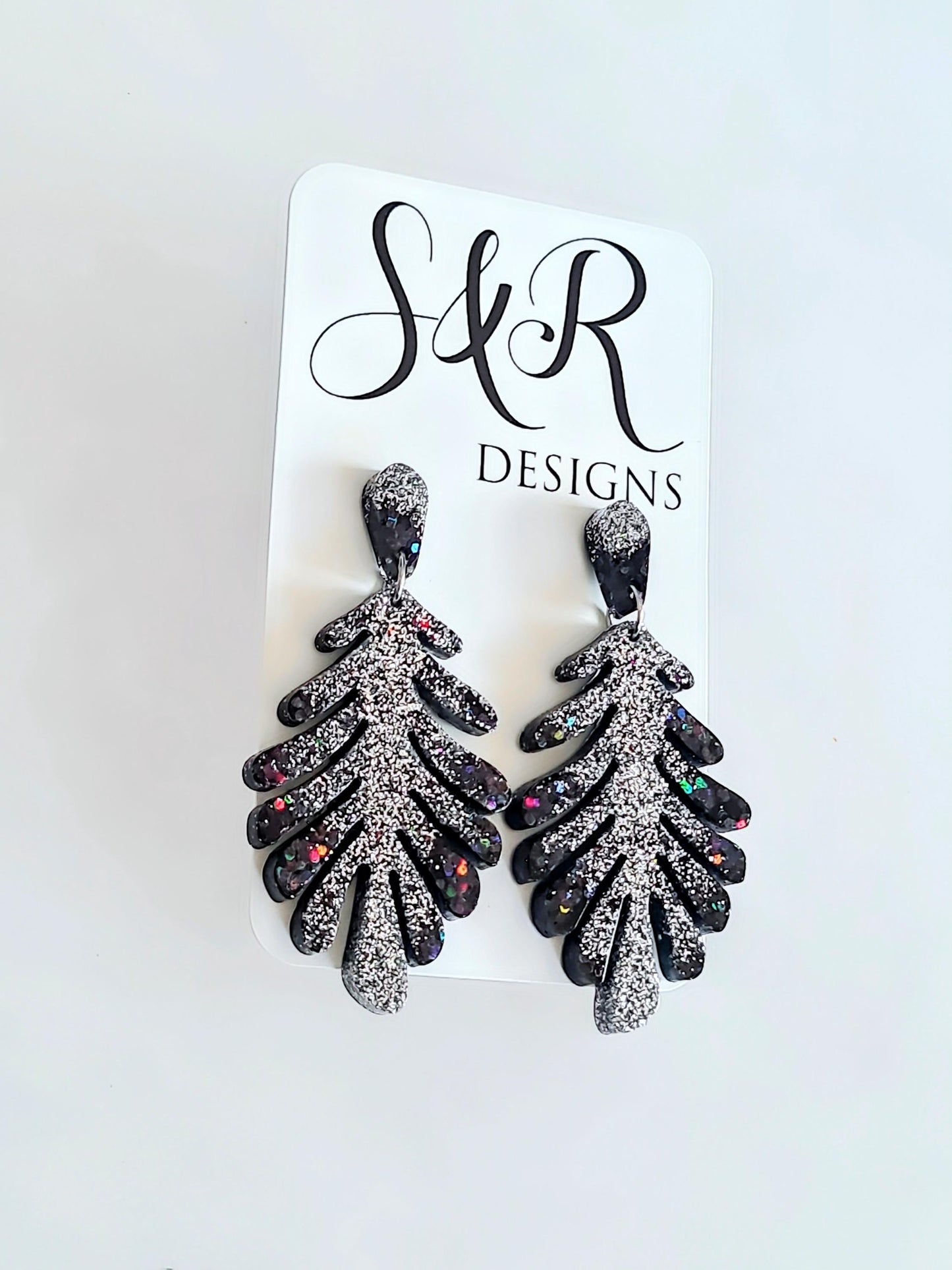 Black Leaves Dangle Drop Earrings, Black & Silver Glitter Resin Leaf Earrings, Bold Statement Jewellery, Gift for her, Hypoallergenic