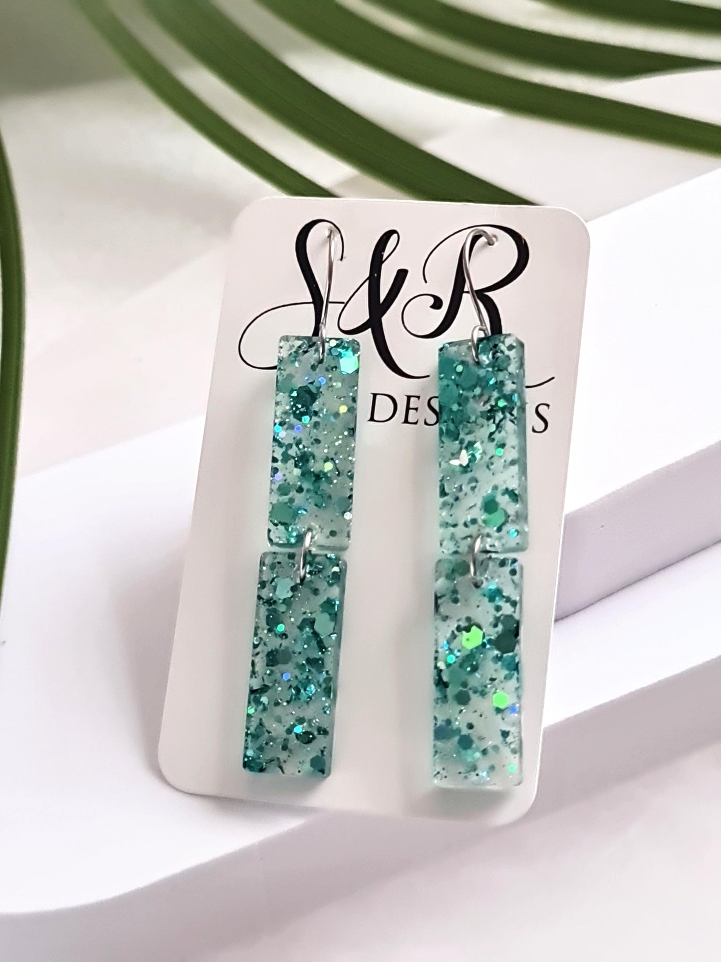 Turquoise Crystal Dangle Earrings, Handmade Glitter Statement Rectangle Earrings, Sparkly Acrylic Bar Earrings, Lightweight Party Jewelry