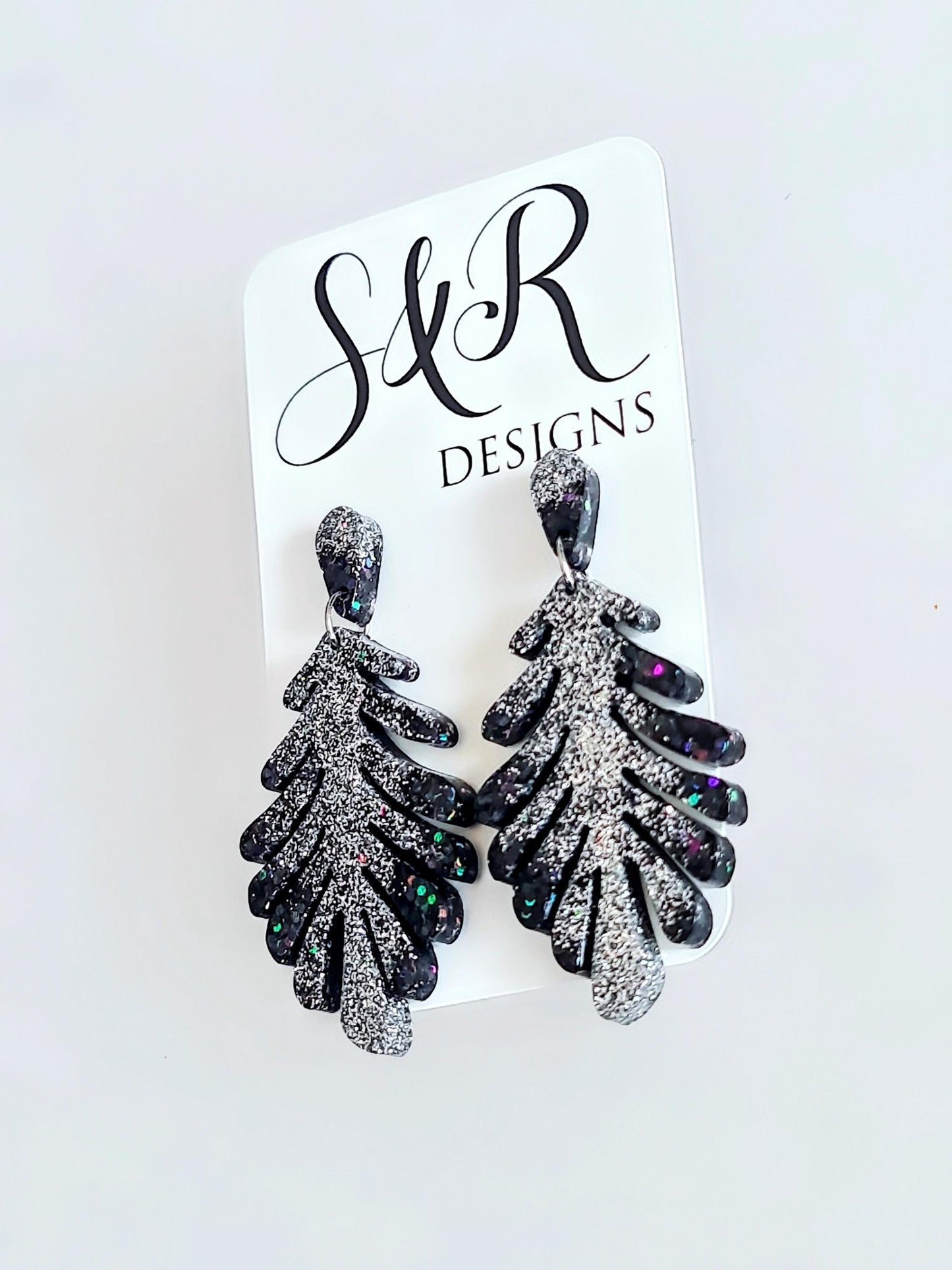Black Leaves Dangle Drop Earrings, Black & Silver Glitter Resin Leaf Earrings, Bold Statement Jewellery, Gift for her, Hypoallergenic