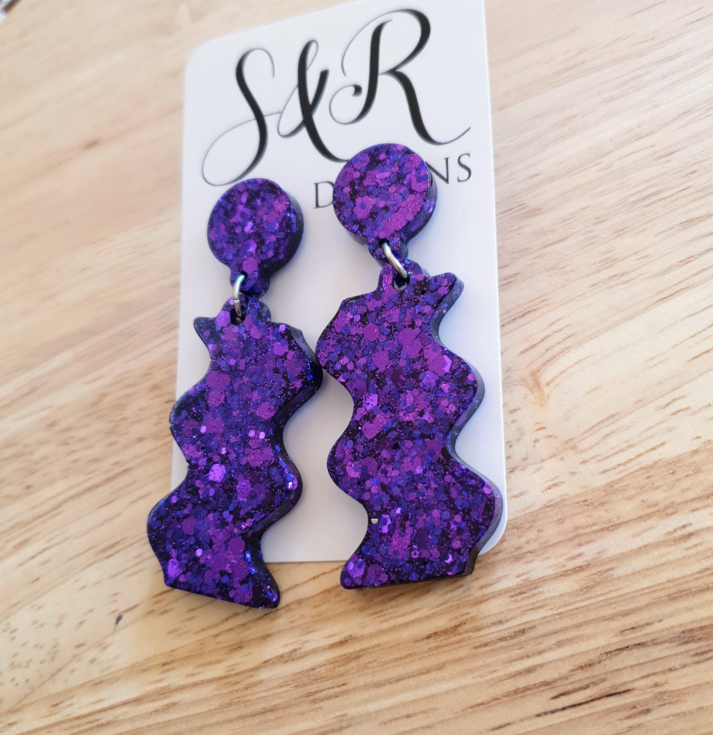 Purple Wave Dangle Drop Earrings, Purple Mix Glitters, Statement Handmade Resin Earrings