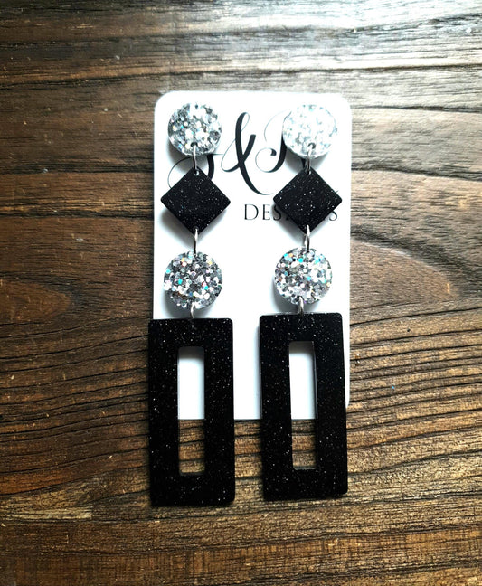 Black Rectangle Long Dangle Resin Earrings, Statement Silver Holographic and Black Glitter Handmade, Extra Long Dangle Earrings, 10.5cm long