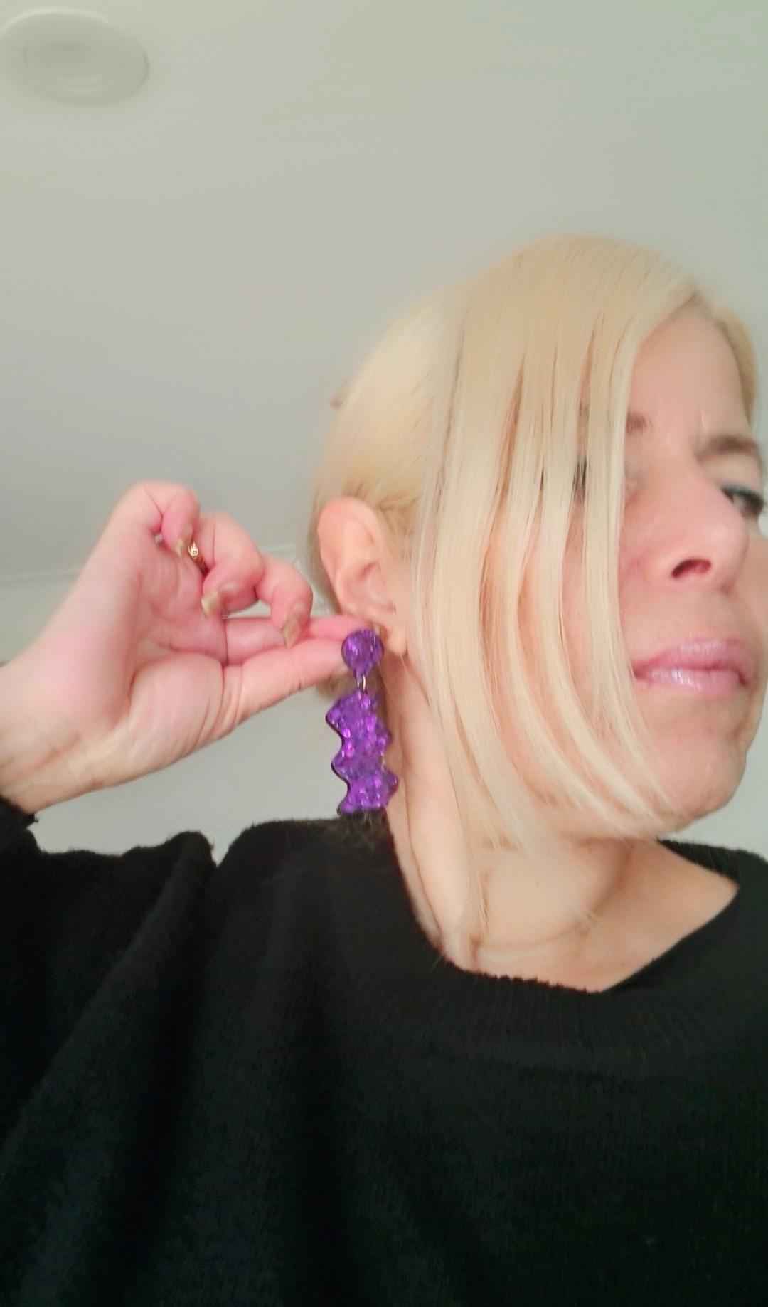 Purple Wave Dangle Drop Earrings, Purple Mix Glitters, Statement Handmade Resin Earrings