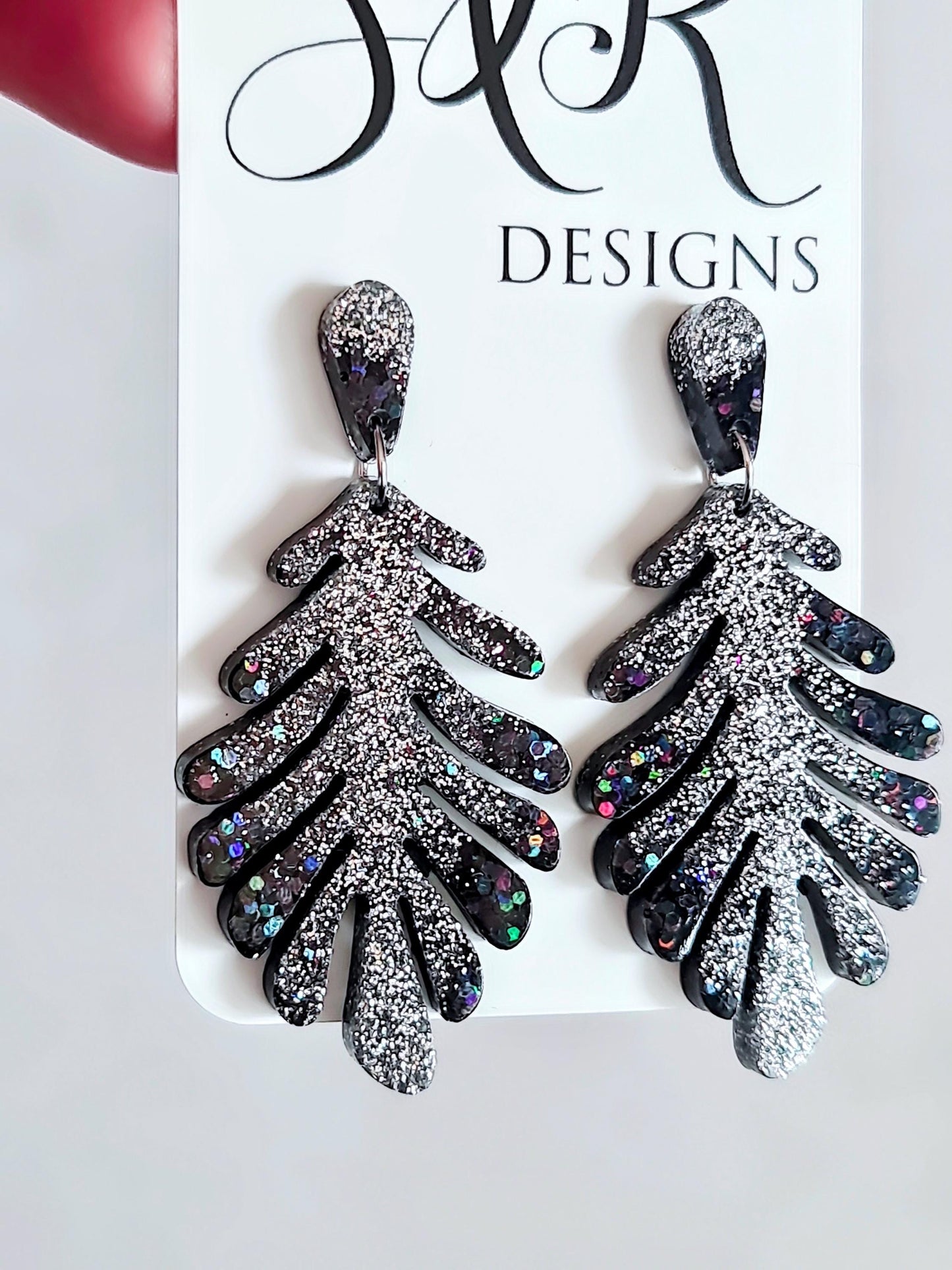 Black Leaves Dangle Drop Earrings, Black & Silver Glitter Resin Leaf Earrings, Bold Statement Jewellery, Gift for her, Hypoallergenic