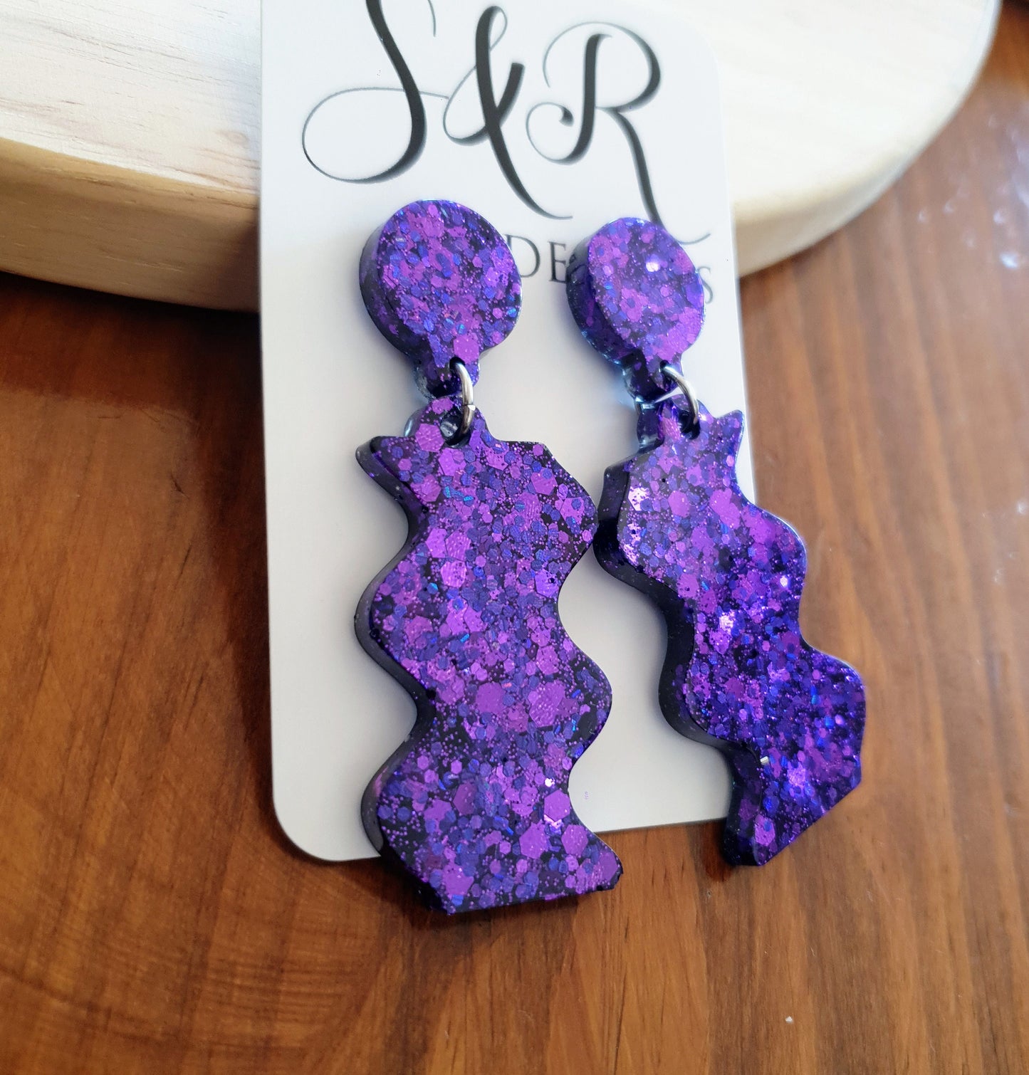 Purple Wave Dangle Drop Earrings, Purple Mix Glitters, Statement Handmade Resin Earrings