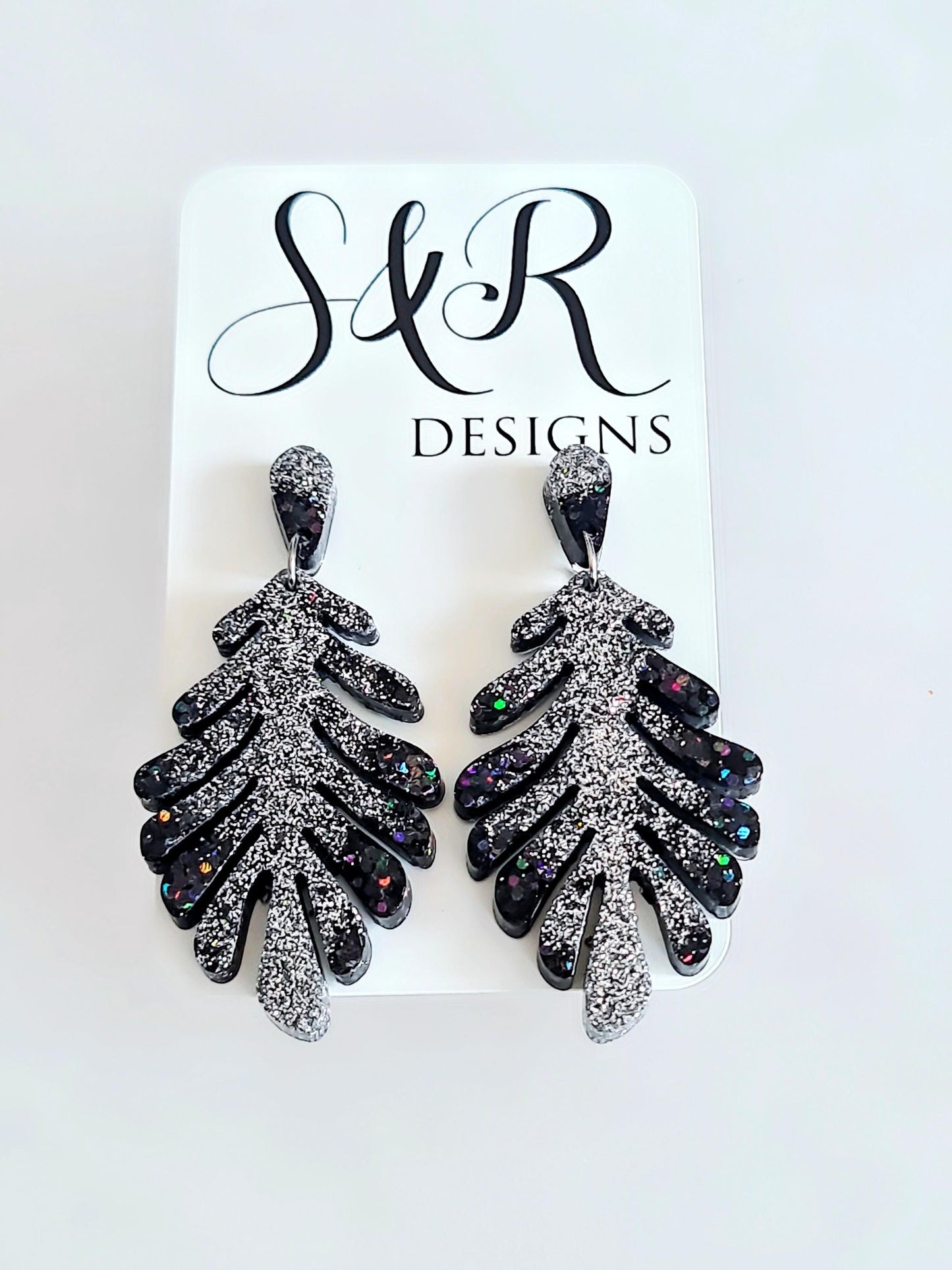 Black Leaves Dangle Drop Earrings, Black & Silver Glitter Resin Leaf Earrings, Bold Statement Jewellery, Gift for her, Hypoallergenic