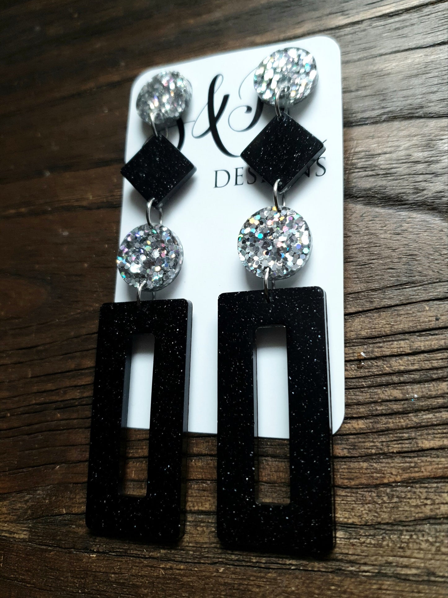 Black Rectangle Long Dangle Resin Earrings, Statement Silver Holographic and Black Glitter Handmade, Extra Long Dangle Earrings, 10.5cm long