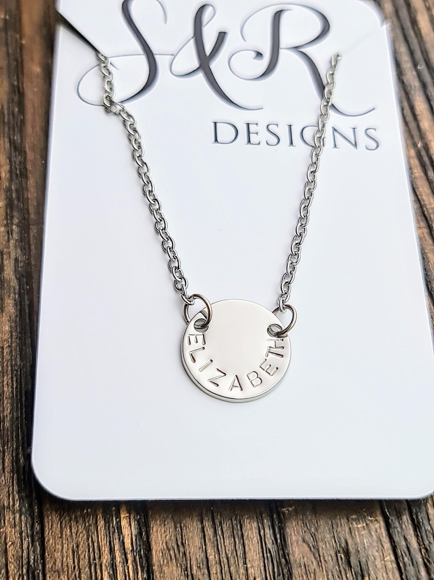 Personalised Circle Necklace, Hand Stamped Circle 15mm Disc Necklace, Stainless Steel Hypoallergenic Jewellery.