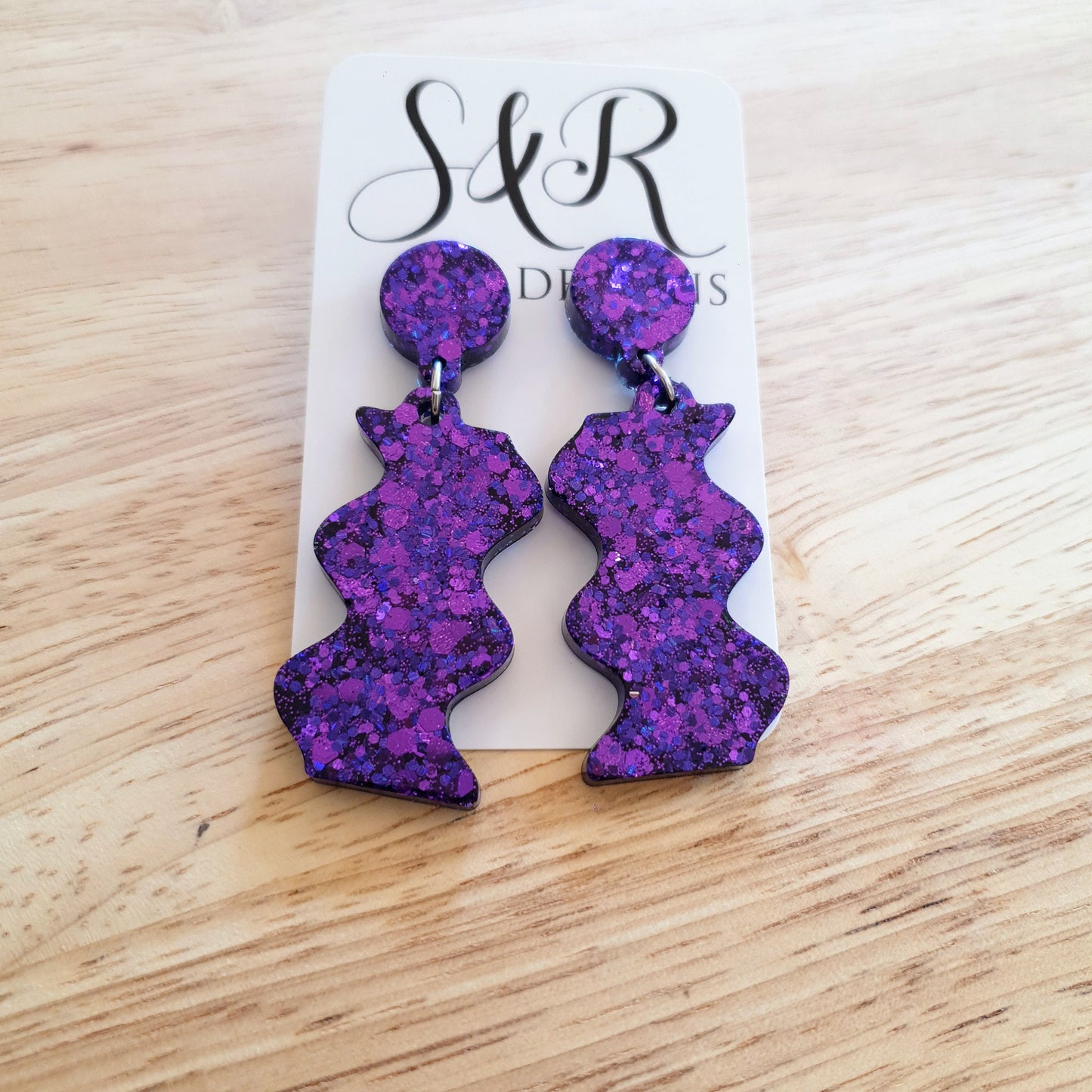 Purple Wave Dangle Drop Earrings, Purple Mix Glitters, Statement Handmade Resin Earrings