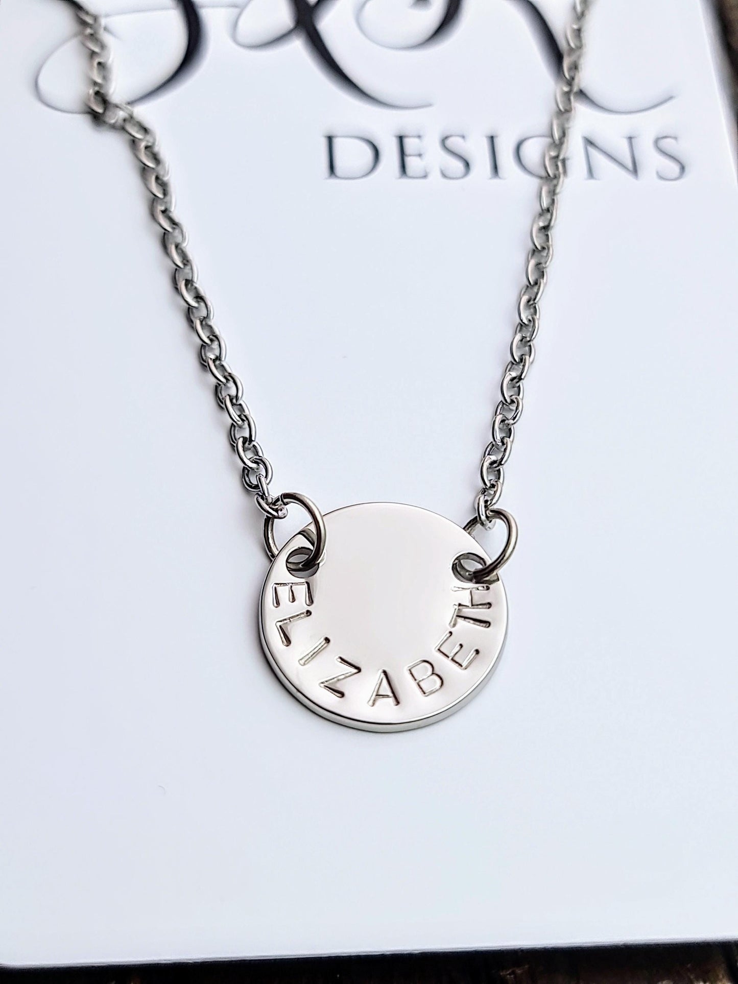 Personalised Circle Necklace, Hand Stamped Circle 15mm Disc Necklace, Stainless Steel Hypoallergenic Jewellery.