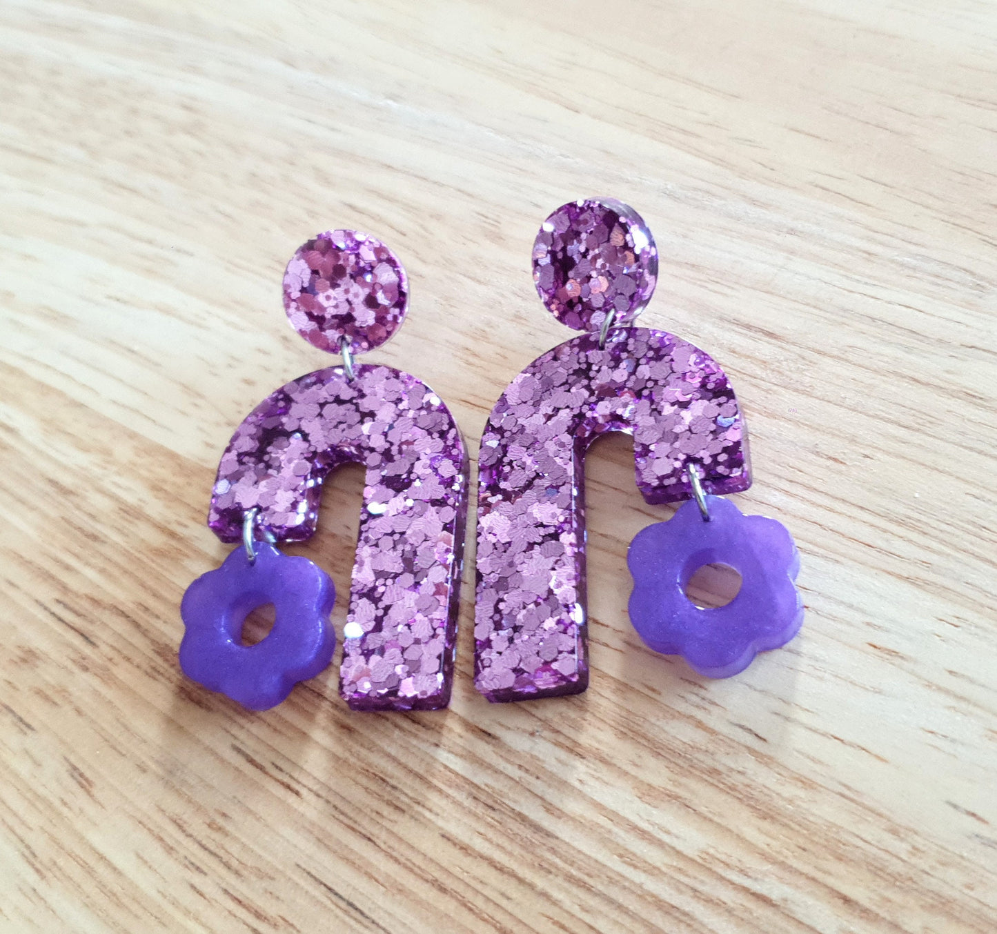 Blush Pink Arch Dangles with Purple Flower, Pink Glitter Resin, Purple Flower Charm, Statement Stainless Steel Earrings