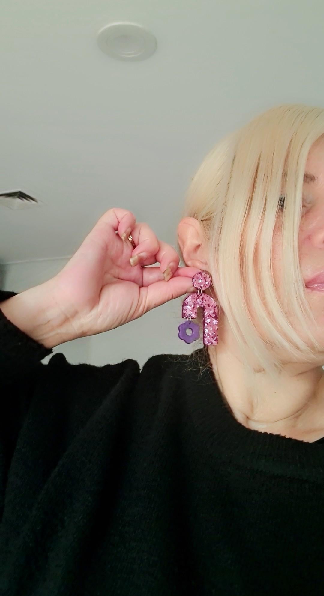Blush Pink Arch Dangles with Purple Flower, Pink Glitter Resin, Purple Flower Charm, Statement Stainless Steel Earrings
