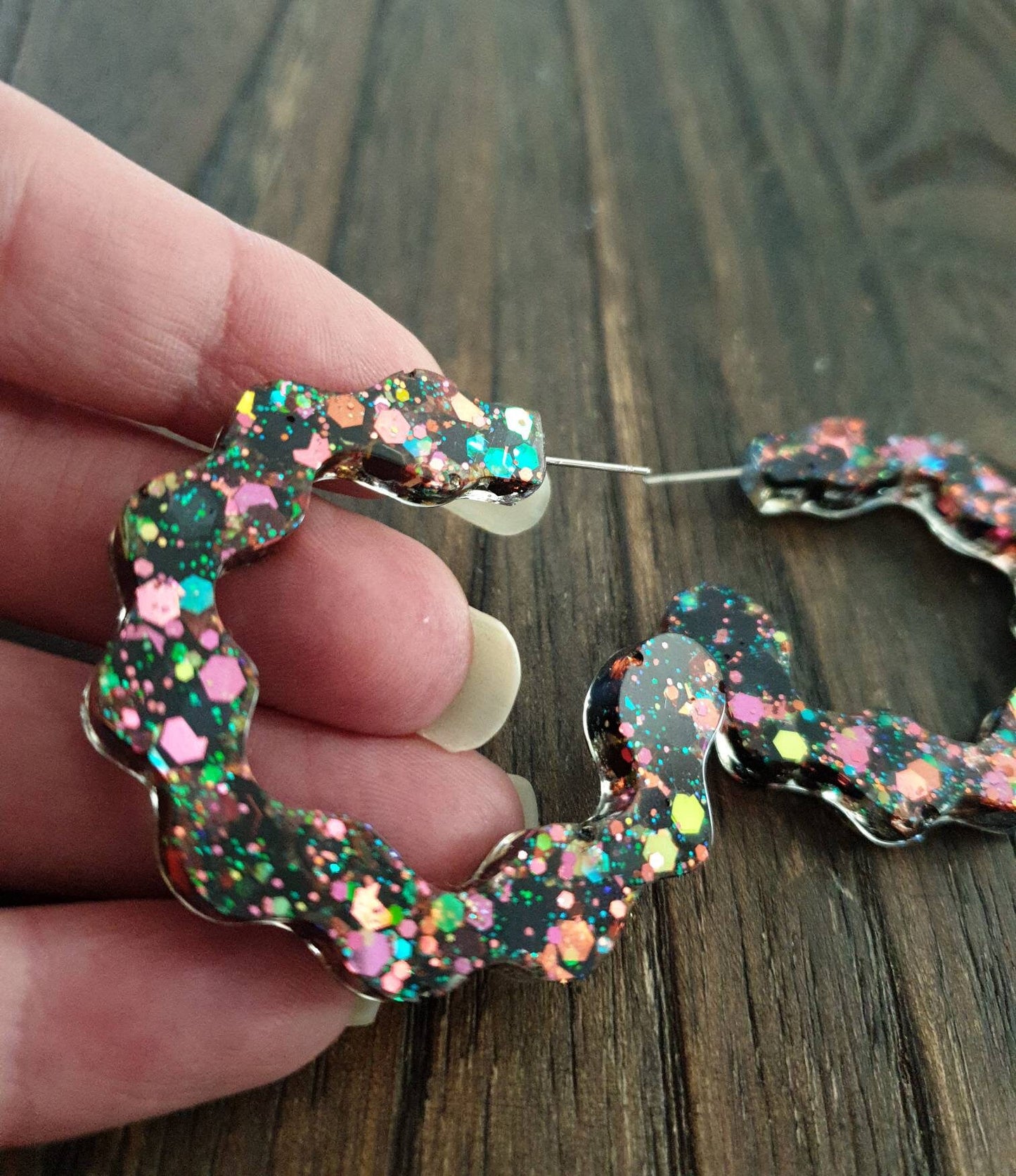 Large Wave Hoop Earrings, Black, Pink, Teal, Blue, Green Glitter, Resin Dangle Statement Earrings, Unique Design, Modern, Lightweight