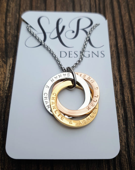 Personalised Circle Connecting Rings Necklace, Tripple Links, Childrens names Personalized Hand Stamped Gift, 25mm Rings, 18CT Gold