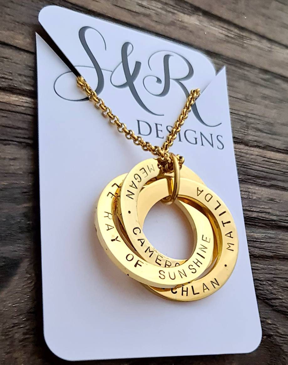 Personalised Circle Connecting Rings Necklace, Tripple Links, Childrens names Personalized Hand Stamped Gift, 25mm Rings, 18CT Gold