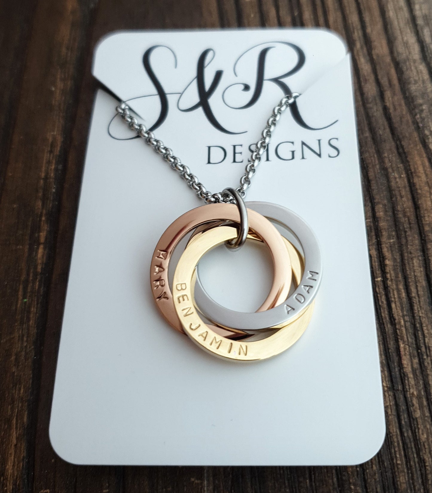 Personalised Circle Connecting Rings Necklace, Tripple Links, Childrens names Personalized Hand Stamped Gift, 25mm Rings, 18CT Gold