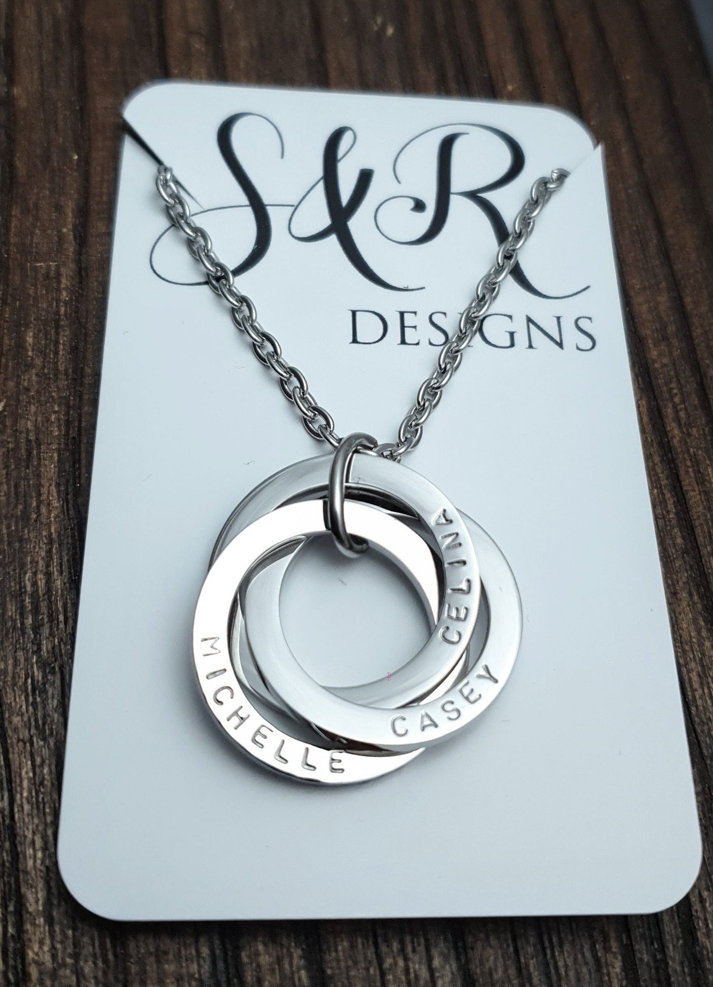 Personalised Circle Connecting Rings Necklace, Tripple Links, Childrens names Personalized Hand Stamped Gift, 25mm Rings, 18CT Gold