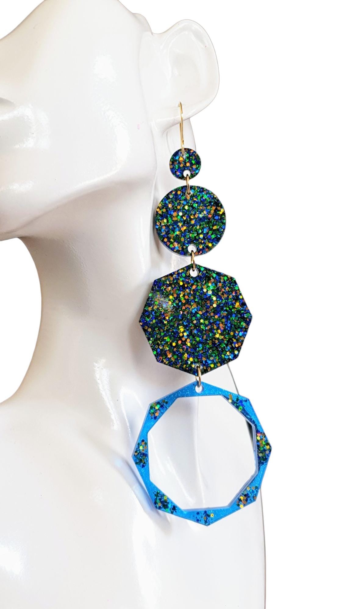 Luxury Long Resin Earrings, Hypoallergenic Stainless Steel Hooks, Glitter Geometric Statement Earrings, Bold Oversized Lightweight Jewellery