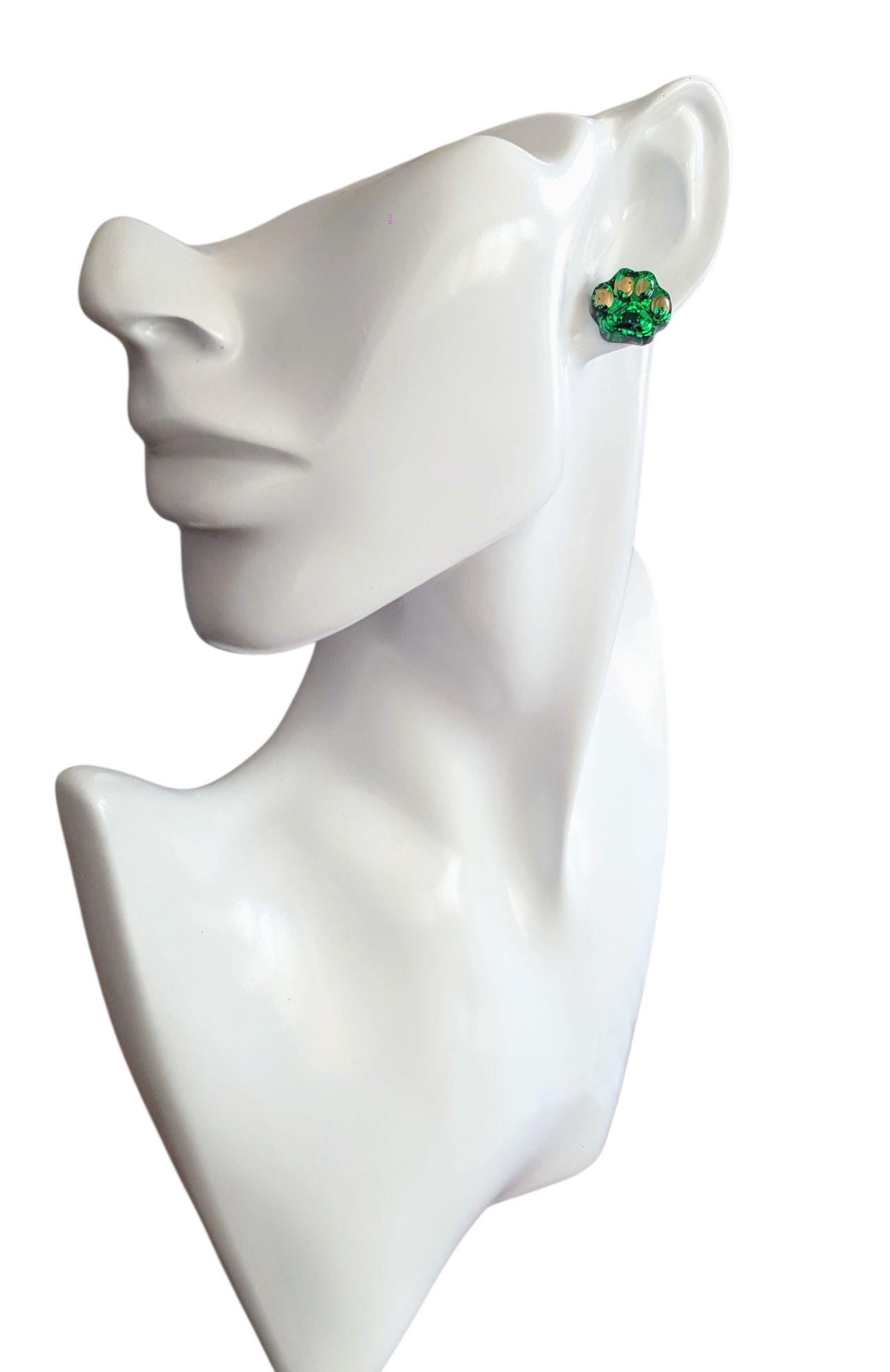 Paw Stud Earring, Emerald Green Glitter Resin Studs, Stainless Steel. 15mm, Animal Lover Gift