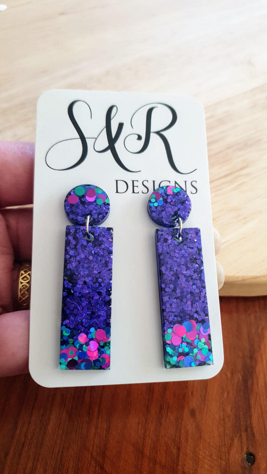 Rectangle Bar Earrings, Vibrant Purple, Aqua, Pink Multi Colour Resin Dangles, Statement Earrings