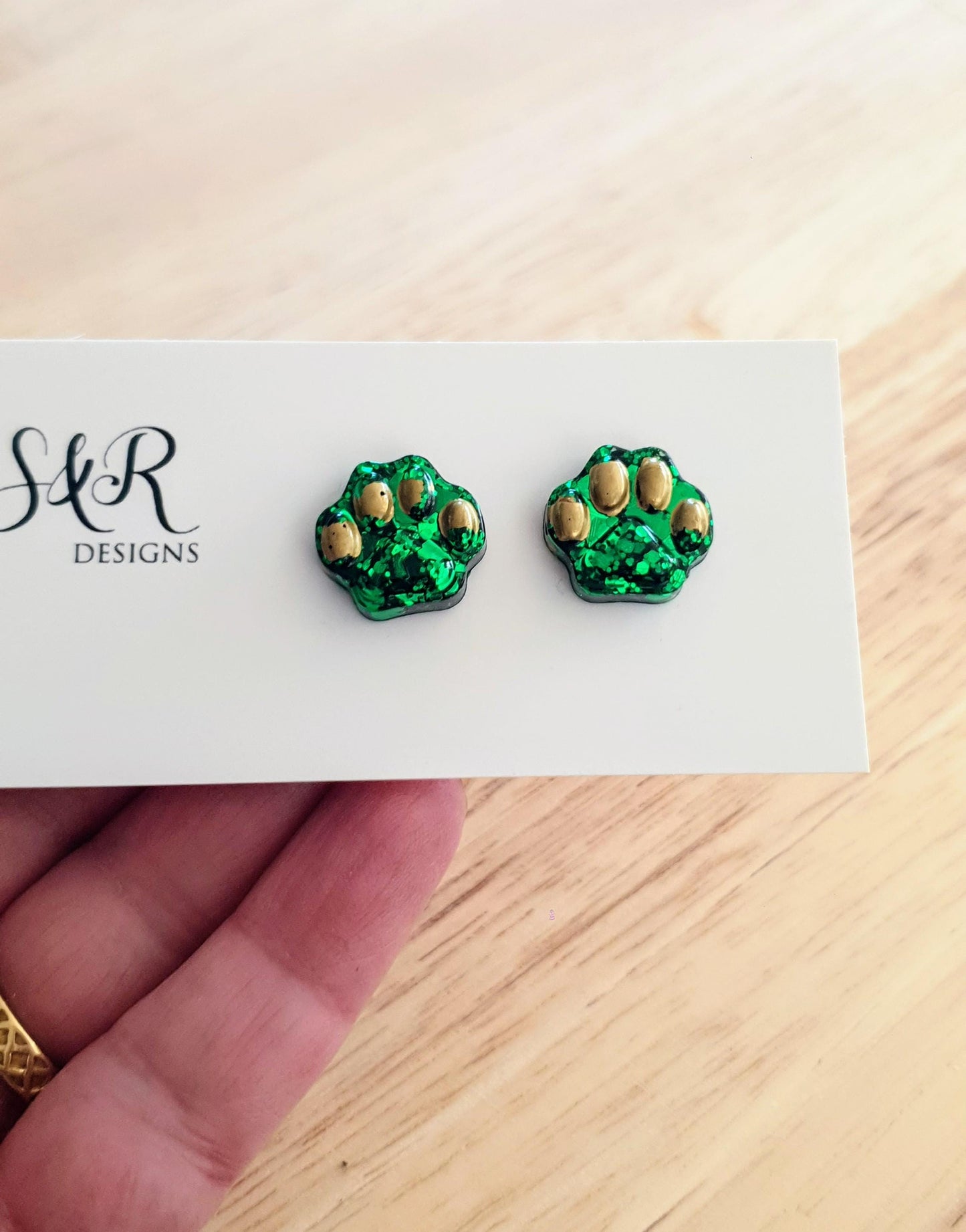 Paw Stud Earring, Emerald Green Glitter Resin Studs, Stainless Steel. 15mm, Animal Lover Gift