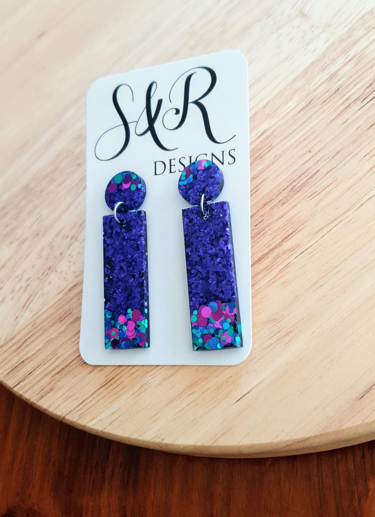 Rectangle Bar Earrings, Vibrant Purple, Aqua, Pink Multi Colour Resin Dangles, Statement Earrings