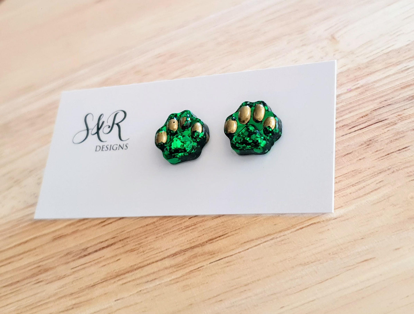 Paw Stud Earring, Emerald Green Glitter Resin Studs, Stainless Steel. 15mm, Animal Lover Gift