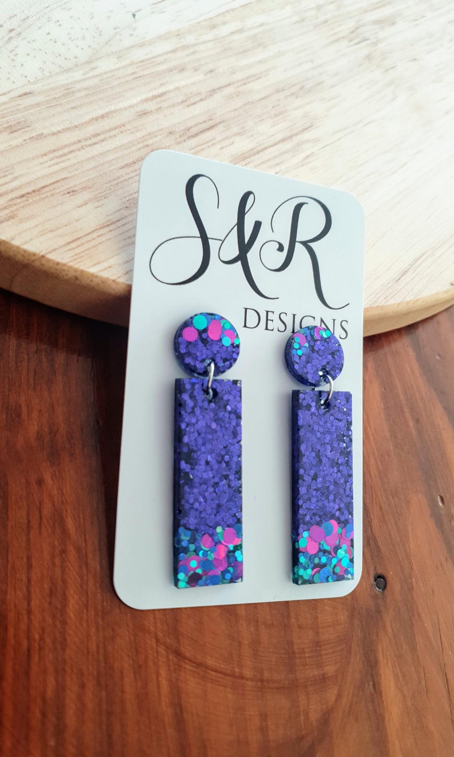 Rectangle Bar Earrings, Vibrant Purple, Aqua, Pink Multi Colour Resin Dangles, Statement Earrings
