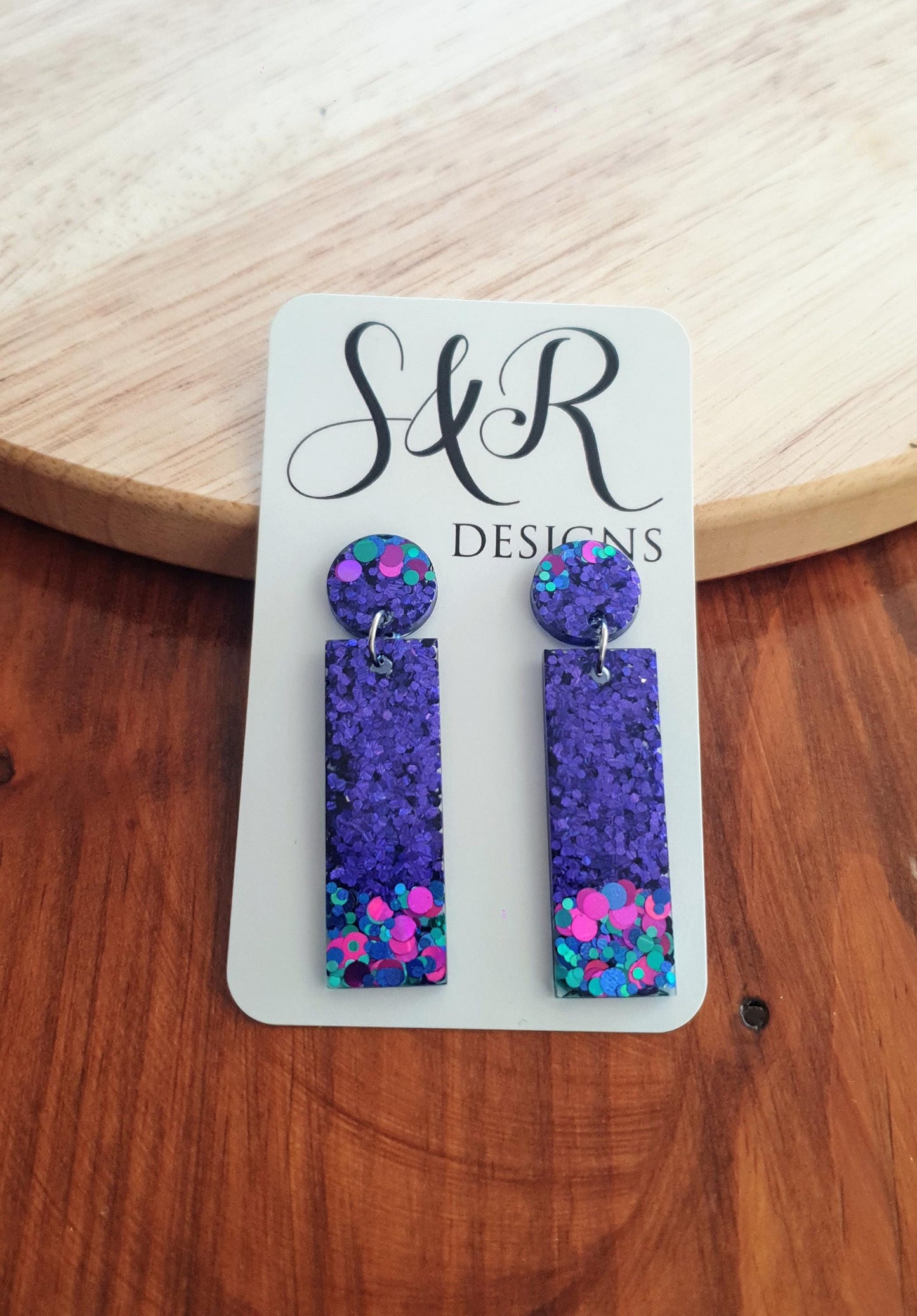 Rectangle Bar Earrings, Vibrant Purple, Aqua, Pink Multi Colour Resin Dangles, Statement Earrings