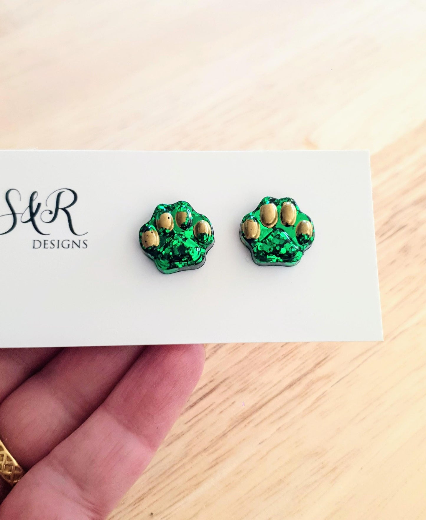 Paw Stud Earring, Emerald Green Glitter Resin Studs, Stainless Steel. 15mm, Animal Lover Gift
