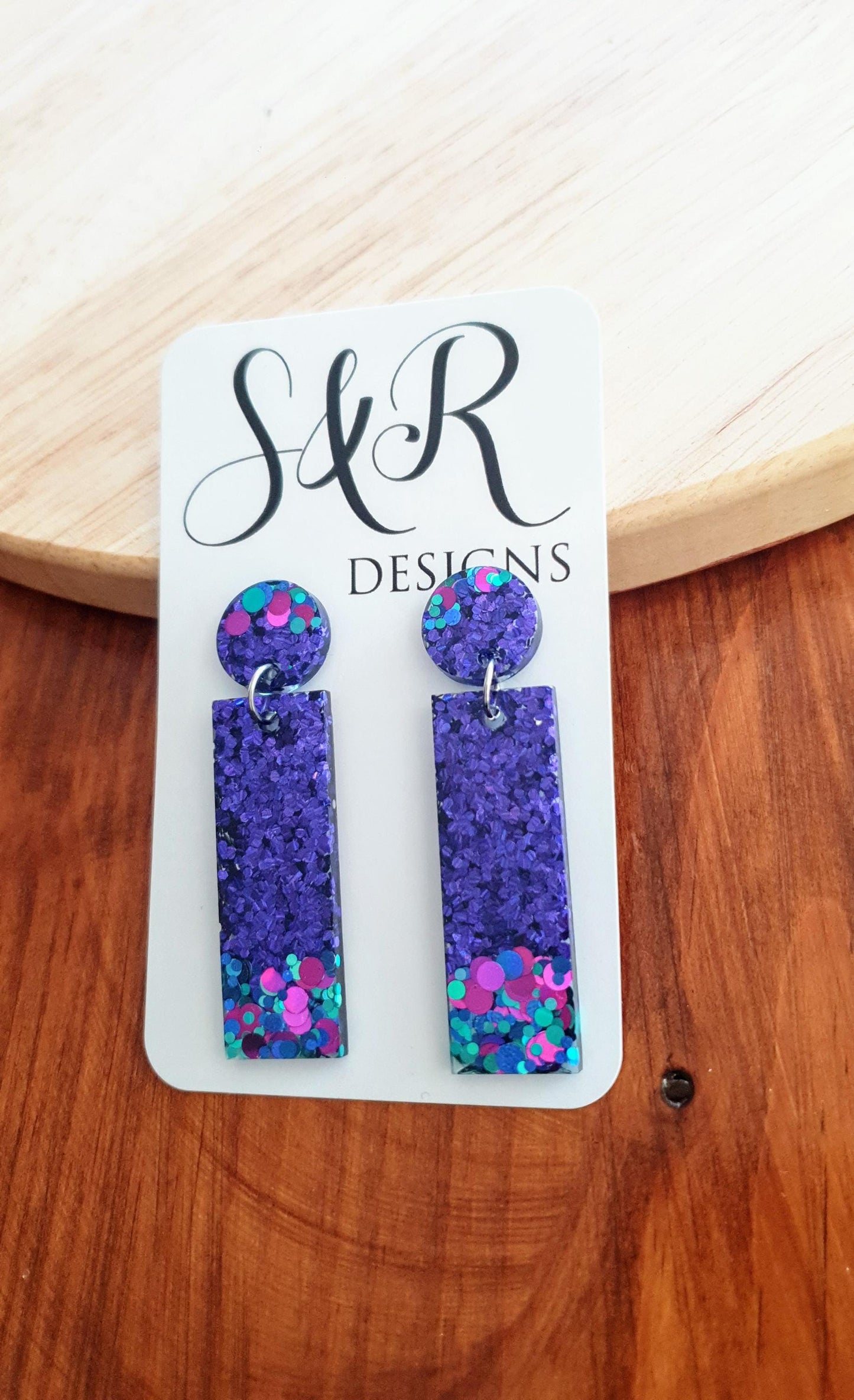 Rectangle Bar Earrings, Vibrant Purple, Aqua, Pink Multi Colour Resin Dangles, Statement Earrings