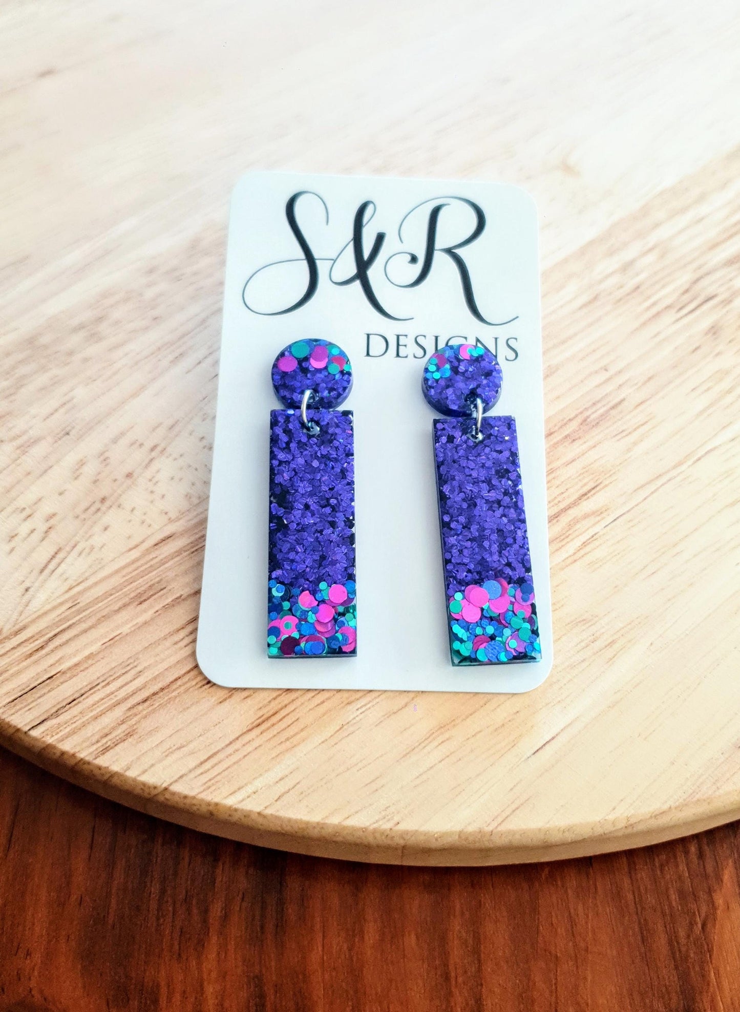 Rectangle Bar Earrings, Vibrant Purple, Aqua, Pink Multi Colour Resin Dangles, Statement Earrings