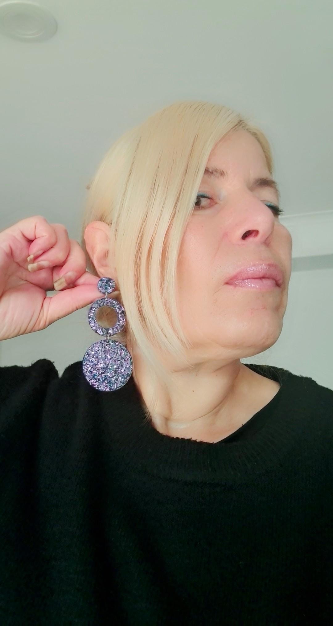 Chameleon Hoop Circle Earrings, Holographic Pink, Blue Glitter Dangle, Statement Earrings, Changes colours on movement.