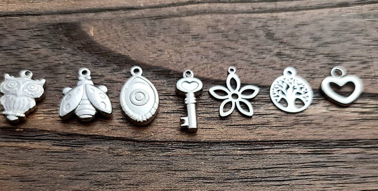 Add on Charm to Bracelet or Necklace, Personalised Hand Stamped Charm, Owl, Ladybug, Evil Eye, Key, Flower, Heart, Star with Jump Ring