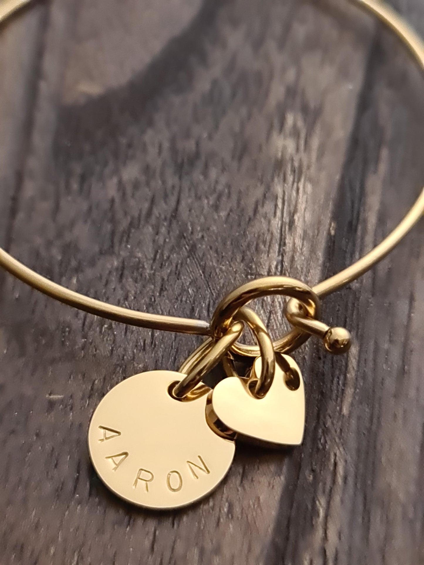 Personalised Hand Stamped Bangle with or without Heart Charm, Personalised Disc, Choose how many Disc Charms you want, Personalized Gift